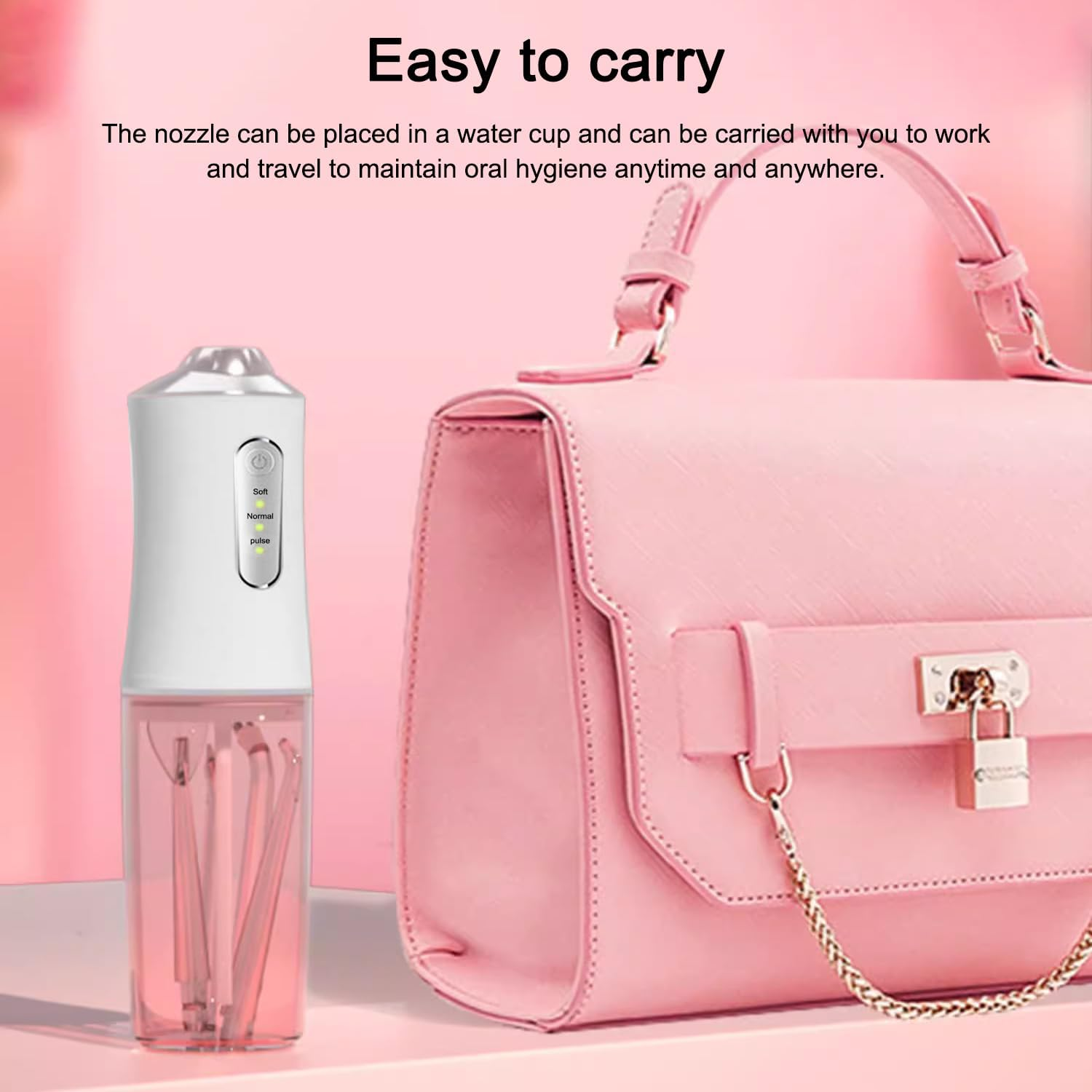 GIOD Water Flosser, Cordless Dental Oral Irrigator, Electric Portable Smart Tooth Cleaner, IPX7 Waterproof Rechargeable Dental Care with 3 Pressure Modes 4 Nozzles, 240Ml for Home and Travel (White) image number 6