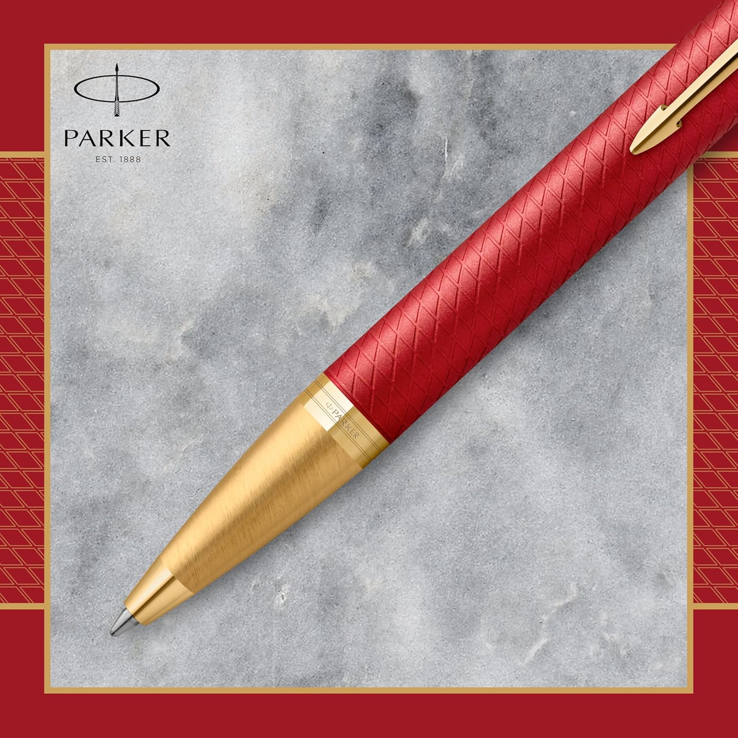 PARKER IM PREMIUM Ball Point Pen, Red with Gold Trim, Blue Ink, Gift Box Included image number 4