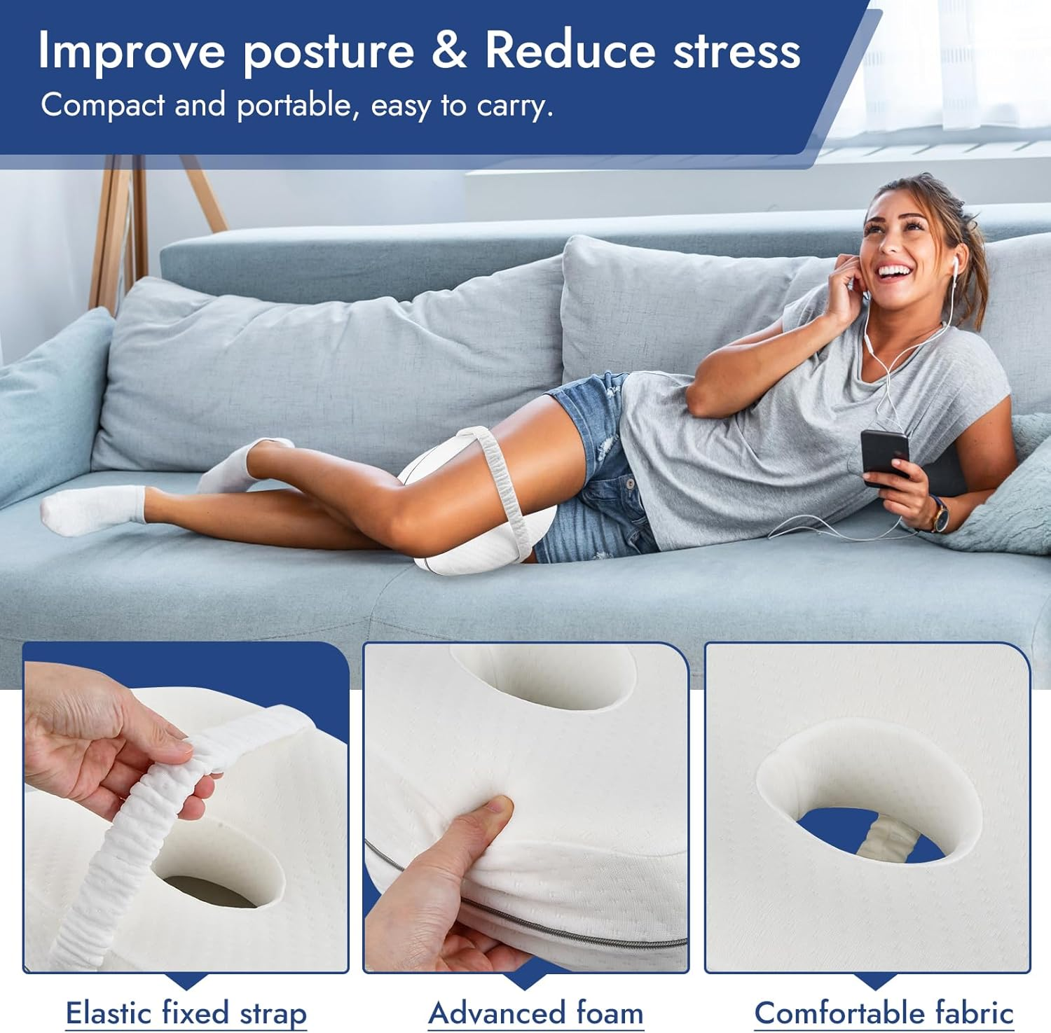 Knee Pillow, Ergonomic Side Sleeper Pillow Memory Foam Knee Pillow Orthopaedic for Leg, Knees, Hip Back and Pregnancy Support, Removable and Washable image number 5