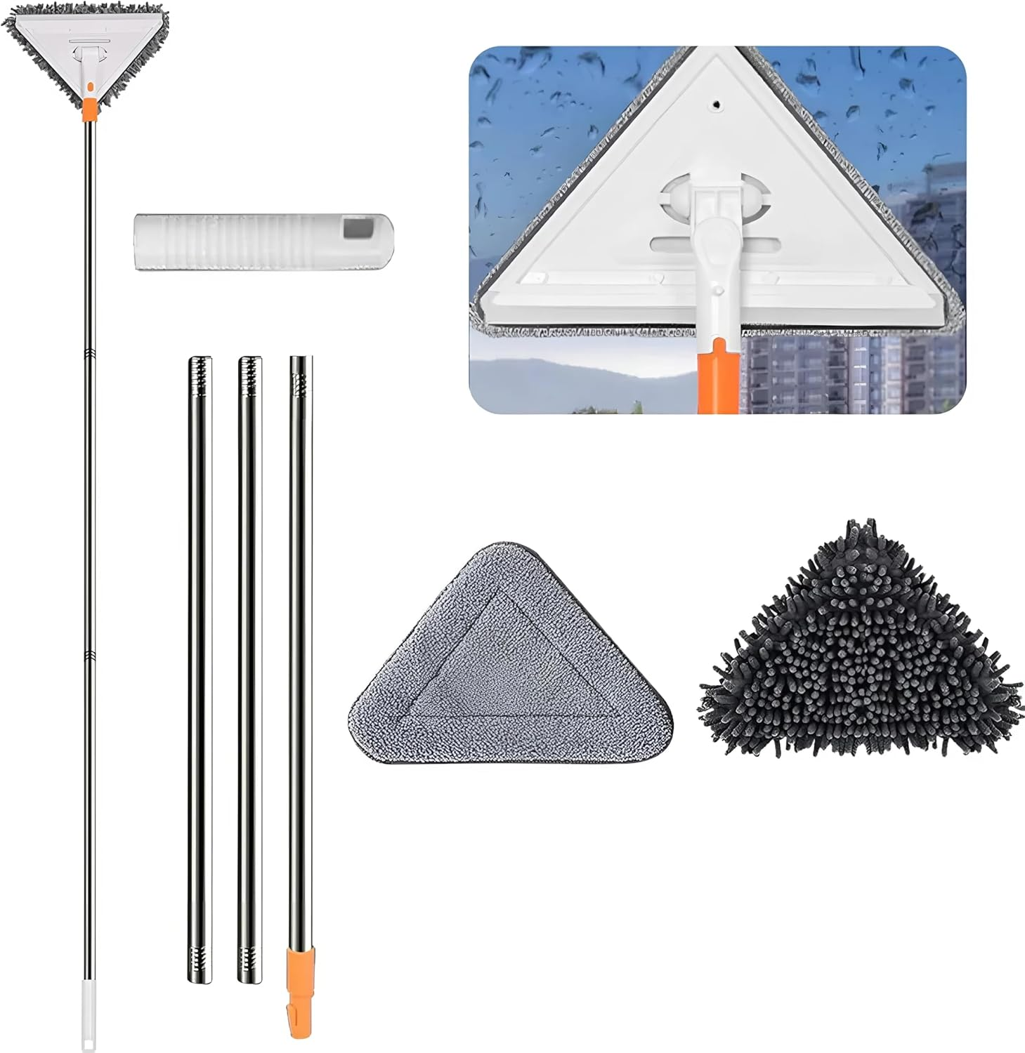 EZONEDEAL Mini Triangle Deep Cleaning Mop, Multifunctional Window Cleaner, 360 Degree Rotatable Adjustable Triangle Mop for Glass, Air Conditioners, Roofs, Gaps, Car - Extra Long Pole