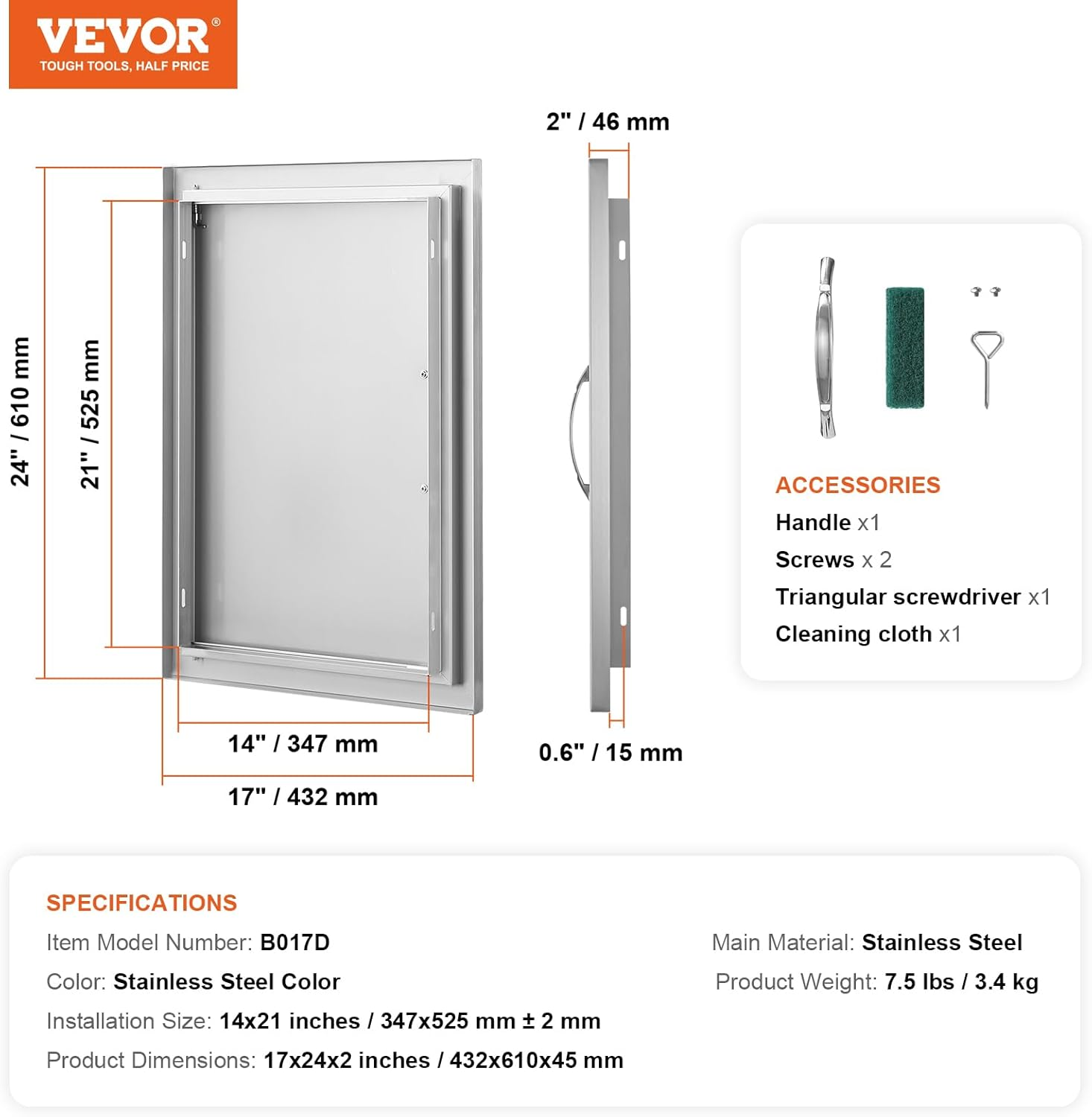 VEVOR BBQ Access Door, 432X610 Mm Single Outdoor Kitchen Door, Stainless Steel Flush Mount Door, Wall Vertical Door with Handle, for BBQ Island, Grilling Station, outside Cabinet