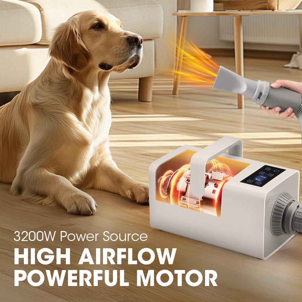Petzly Dog Dryer, 3200W High Velocity Force Blow Pet Dryer with LCD Touch Panel, Adjustable Speed & Temperature Control, Quiet Dog Hair Dryer with 4 Nozzle, White image number 6
