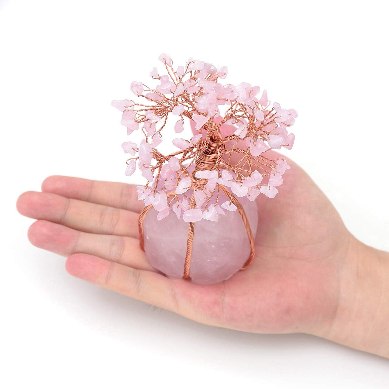 (Rose Quartz) - Top Plaza Chakra Healing Crystals Copper Money Tree Wrapped on Natural Rose Quartz Base Feng Shui Luck Figurine image number 1