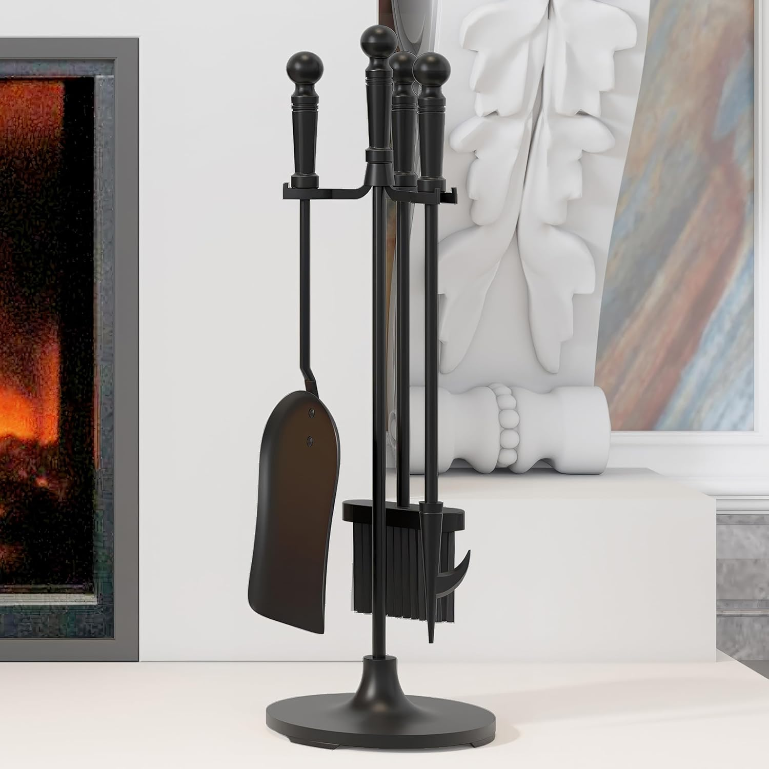 Kingson 4 Piece Cast Iron Fireplace Tool Set Including Brush, Shovel, Poker, Stand, Diameter 16.5 X 53 Cm, Fireplace Companion Set image number 2