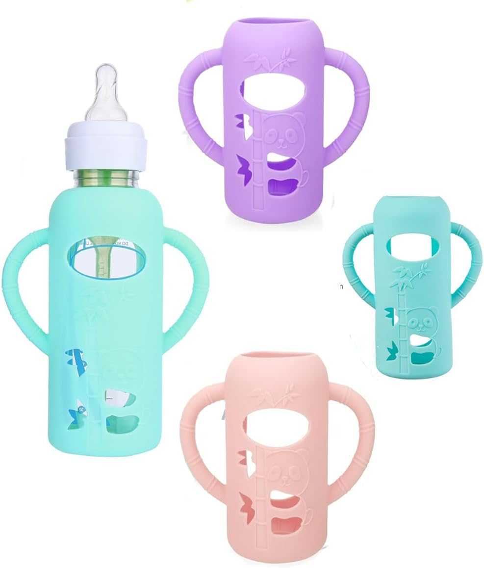 3 Pack Silicone Sleeves for Dr. Brown'S Glass Baby Bottles - anti Breakage Baby Bottle Holder, Compatible with Dr. Brown'S Newborn Glass Bottles,With Silicone Handles,4 Oz (White+Blue+Grey, 120Ml)