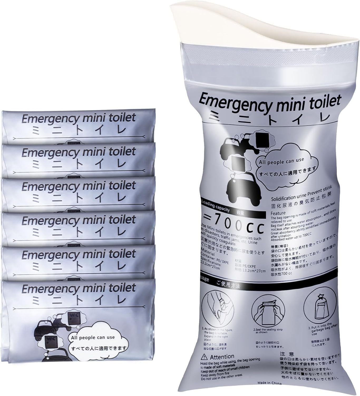 700Ml Disposable Travel Toilet Bag &ndash; No-Spill with Solidifier Gel for Cars Utes & Caravans &ndash; Unisex Leak-Proof Emergency Urinal for Adults & Children &ndash; 6-Pack