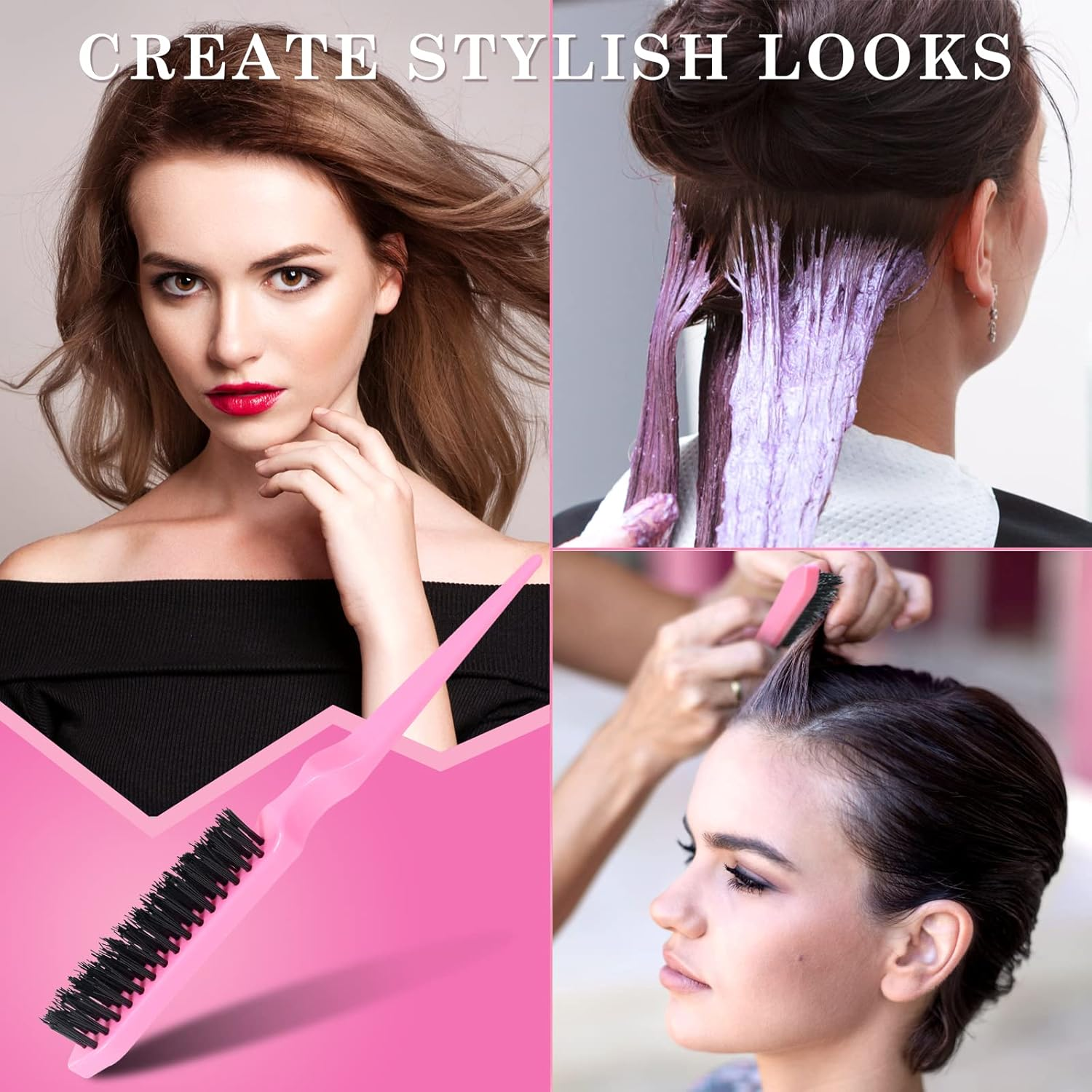 Sularpek 3 Pieces Slick Brush Set Bristle Hair Brush, Teasing Brush Edge Brush, Rat Tail Comb, for Edge & Back Brushing, Combing Slicking Hair for Women Girls (Pink) image number 6