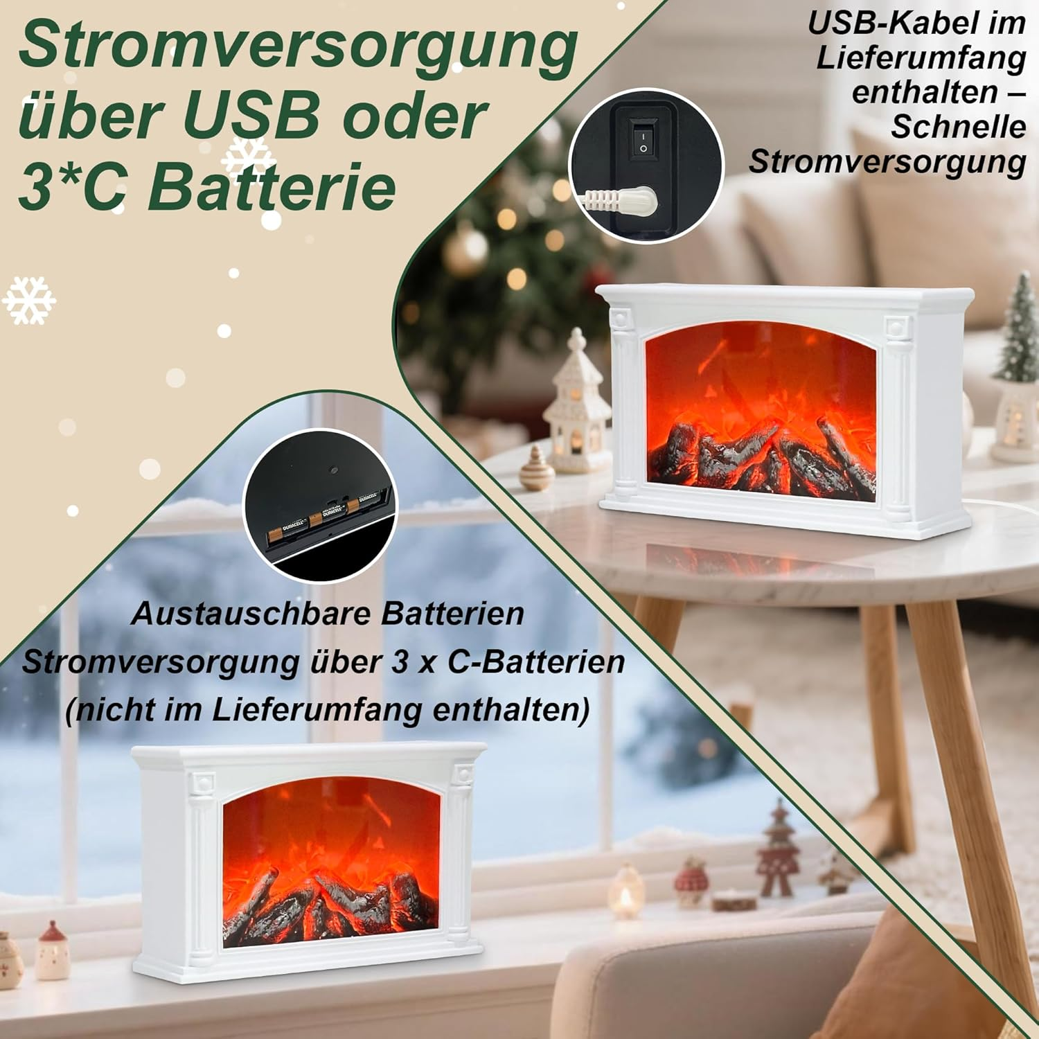 LED Fireplace, Fireplace Lamp with Button Switch, Electric Fireplaces with Flame Effect, USB and Battery Operated Fireplace Simulation Table Fireplace Ornament Home (White) image number 6