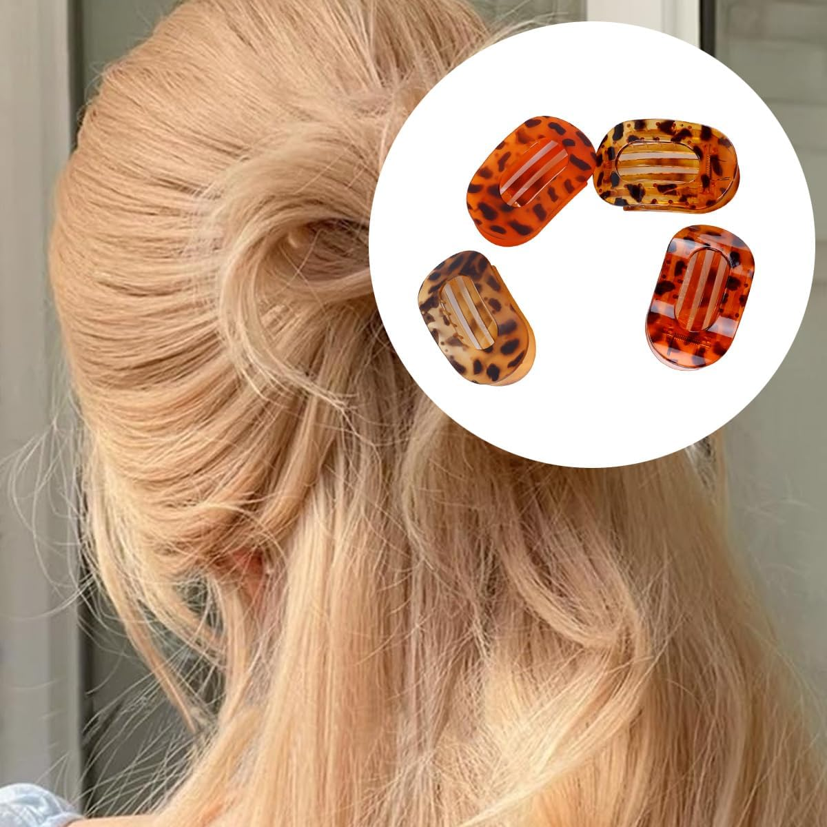 Orivin 4Pcs round Flat Hair Clips for Women Back of Head Styling 2 Matte 2 Shiny Leopard Print PC Material image number 5