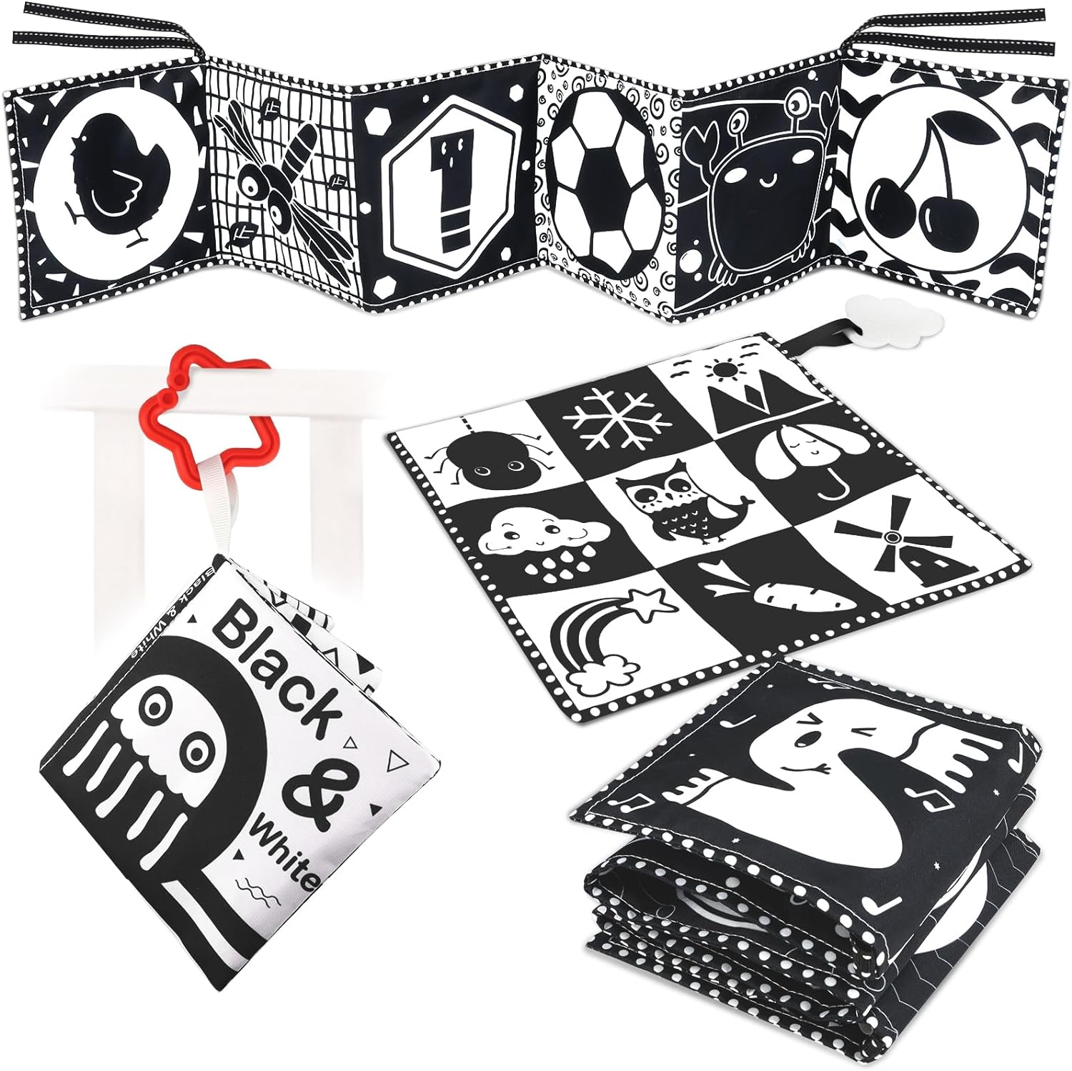 KUANGO Newborn Toys Black and White Baby Toys 0-3 Months High Contrast Baby Toys for Newborn - High Contrast Baby Soft Book Infant Tummy Time Toys Crinkle Sensory Toys for Brain Development