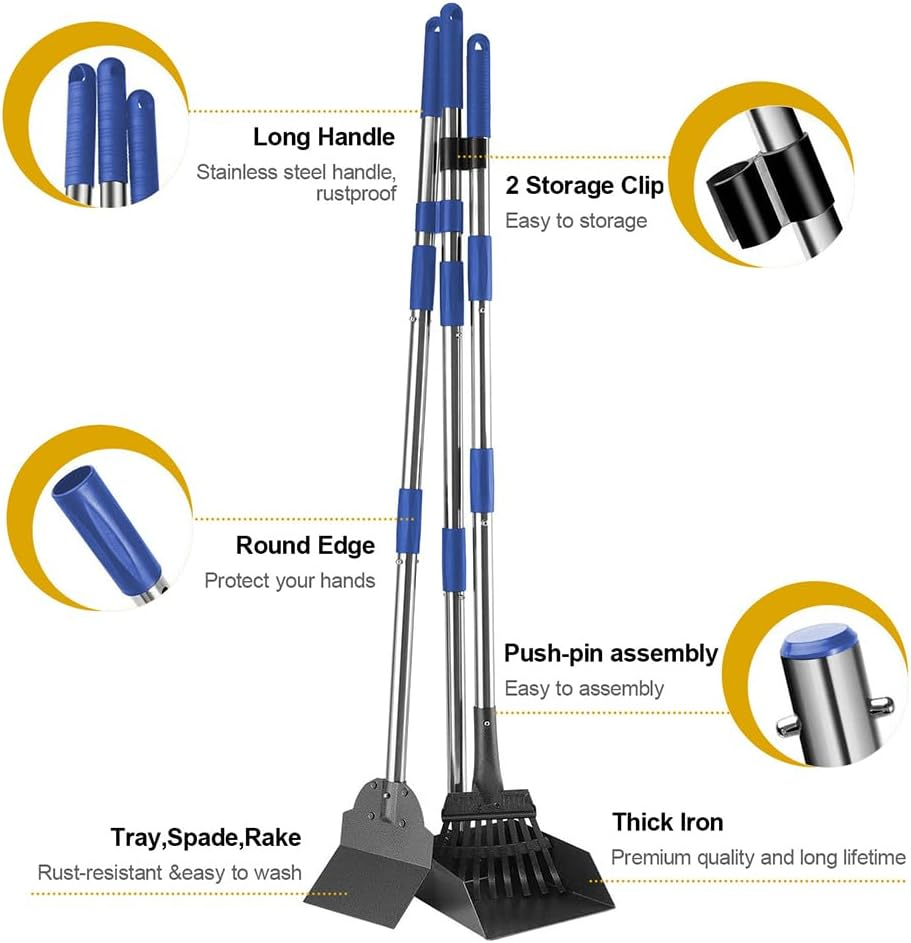 Dog Pooper Scooper Tray Shovel & Rake Kit,Pet Waste Removal Scoop with Long Adjustable Sectional Stainless Handles,Portable Large Dog Poop Picker Upper, Walks, Grass & Garden Leaves