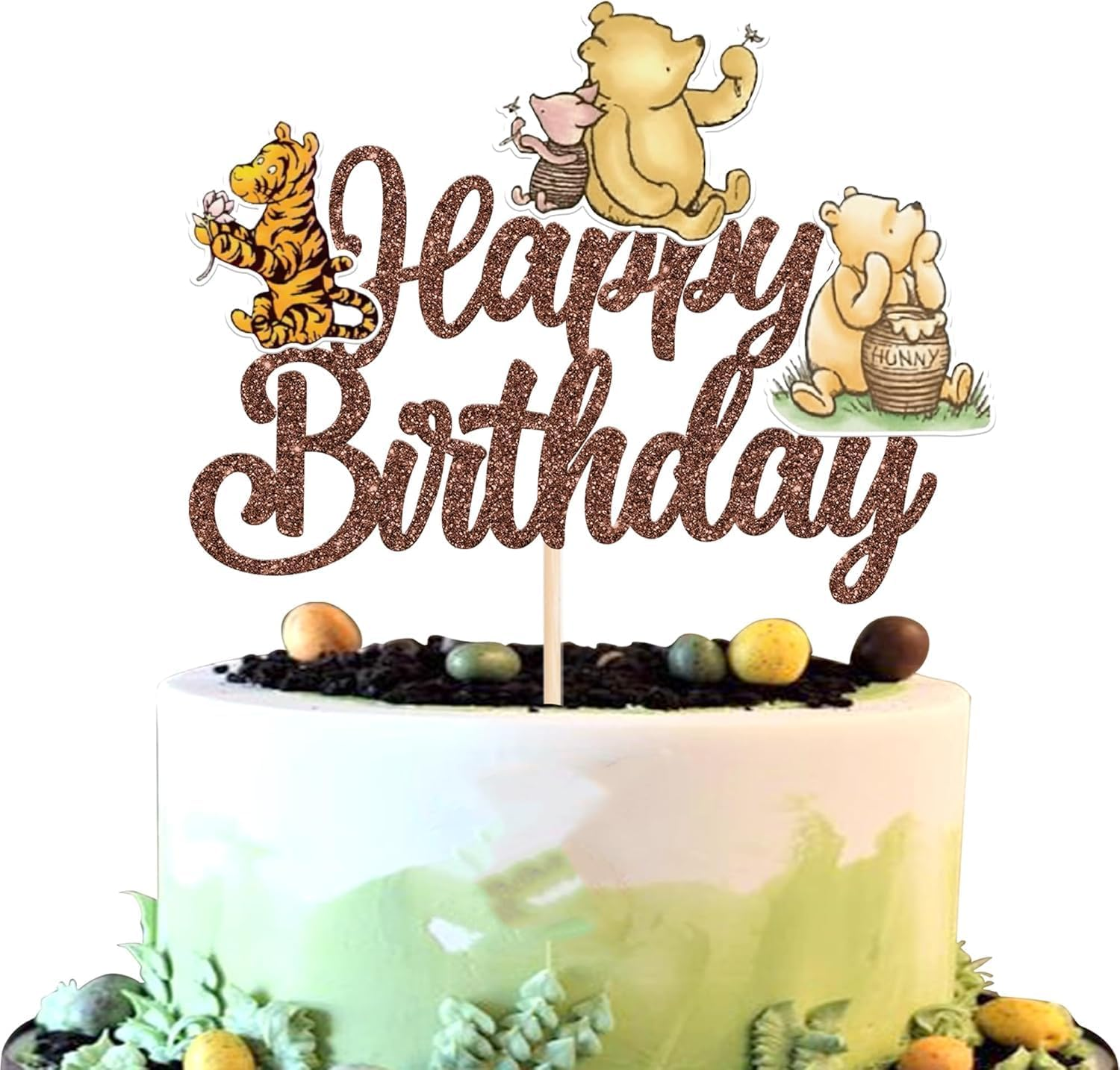 SYKYCTCY 1 Pack Winnie Happy Birthday Cake Topper Glitter Classic Birthday Cake Pick Cute Winnie Bear Cake Decorations for Baby Shower Bridal Shower Kids Birthday Party Supplies (Rosegold)