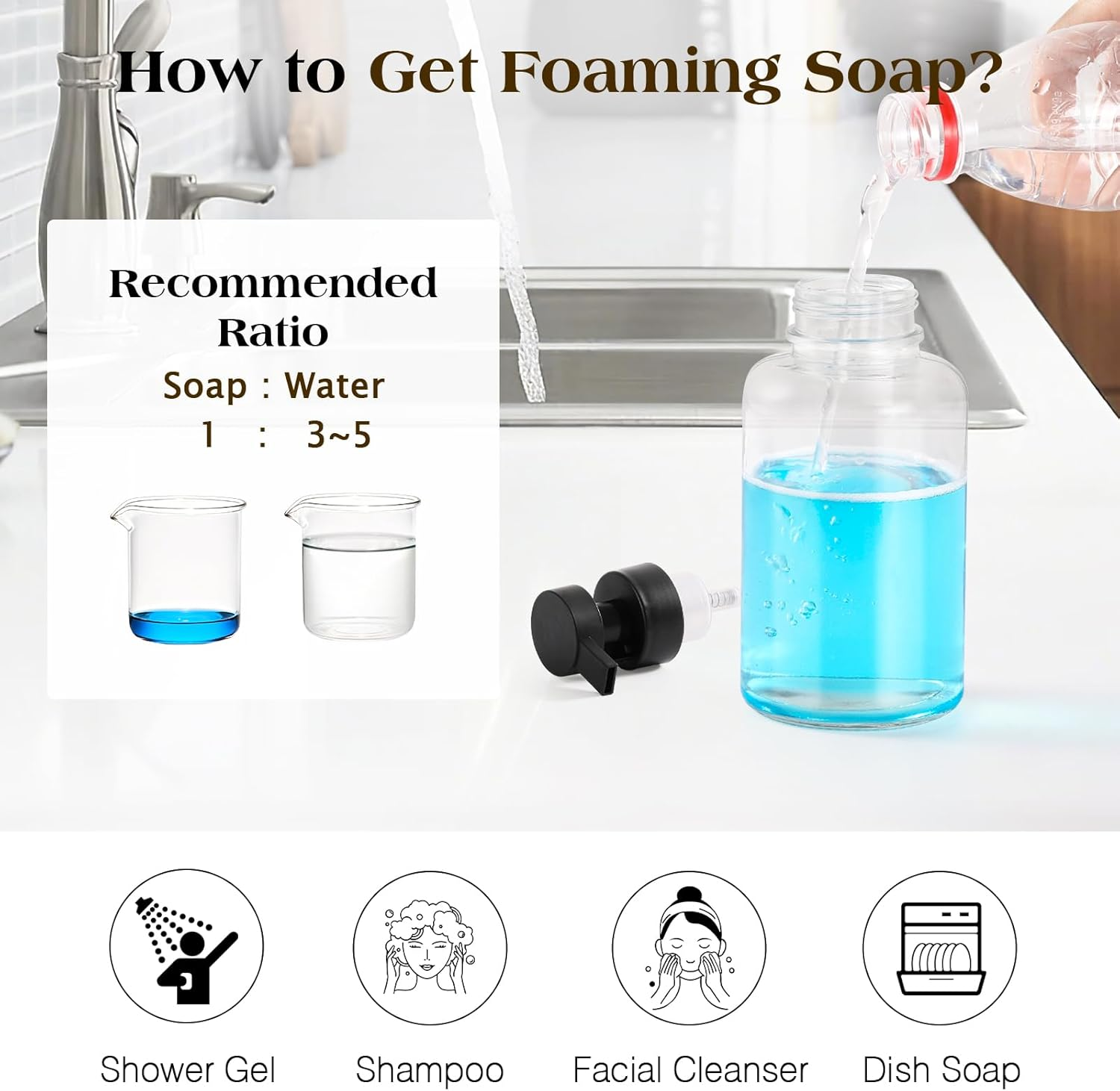 Luxspire Foaming Soap Dispenser, Glass Foam Pump Soap Dispenser, Non-Slip Hand Soap Dispenser with 5 Waterproof Labels, 15 Oz Refillable Liquid Soap Dispenser for Bathroom & Kitchen, Clear, 1 Pack image number 4