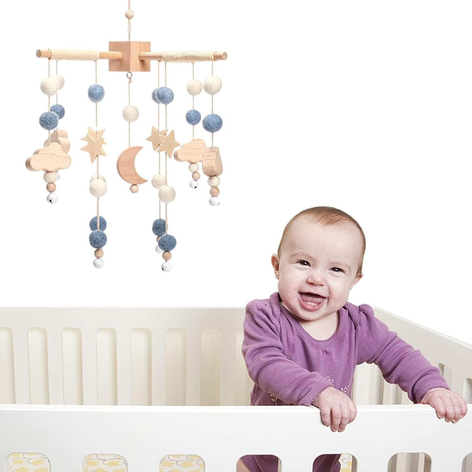 Promise Babe Clouds Wooden Baby Mobile - Blue Moon Design for Girl'S Bed - Fixed Floor Stand image number 6