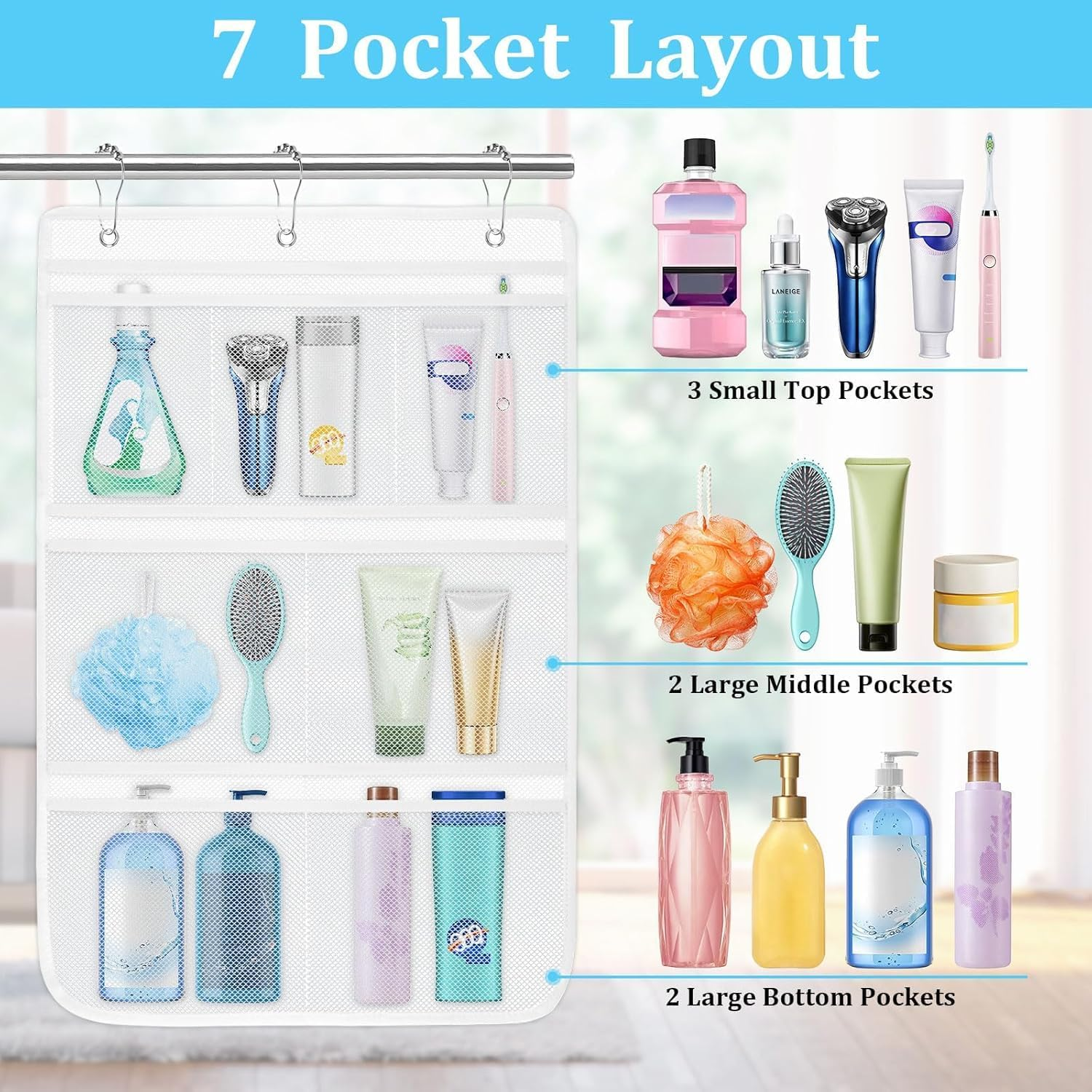 Mesh Shower Caddy Hanging Organiser -2 Pack Mesh Shower Bag with 7 Pockets Quick Dry Bathroom Storage Bag, Cruise and Dorm Essentials for Travel, Toiletry Organiser for Bathroom Shampoo Soap image number 6