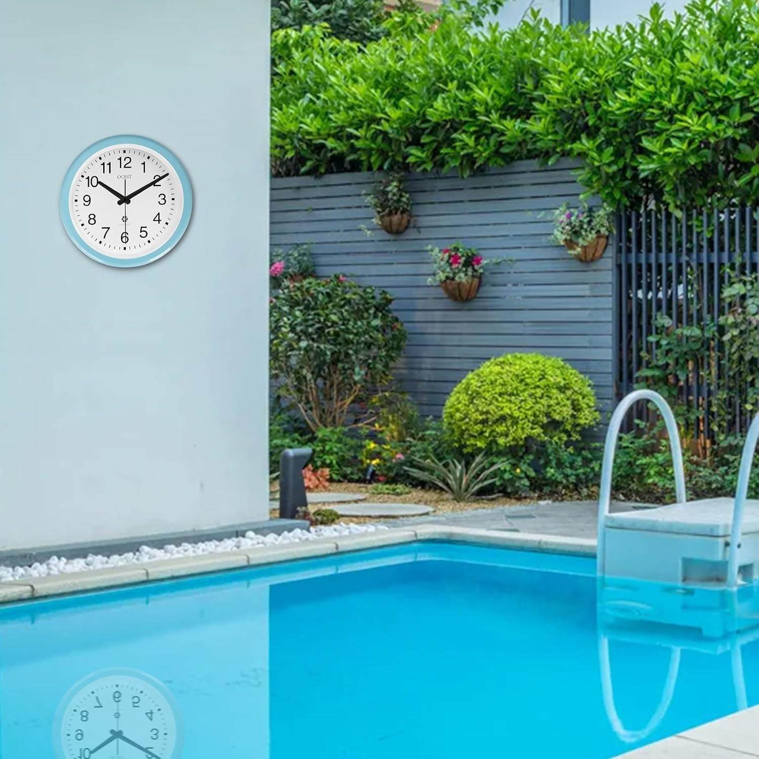 OCEST Sealed Waterproof Garden Wall Clock, 12 Inch Large Indoor Outdoor Clocks, Silent Non-Ticking Battery Operated Quartz round Decor for Patio,Bathroom, Pool, Lanai, Porch (Blue) image number 4