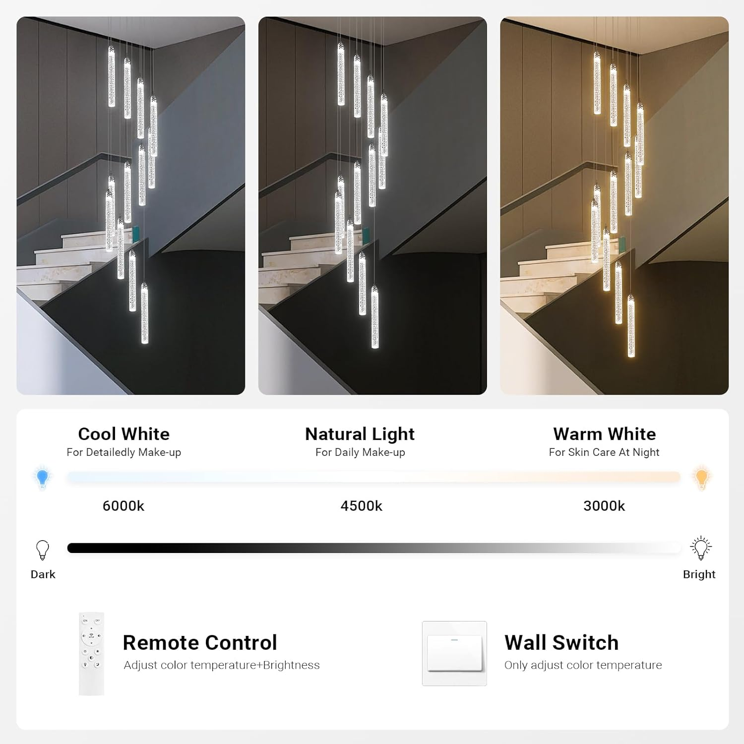 USOR 12-Light High Ceiling Chandeliers LED Modern Silver Crystal Chandelier for Staircase Entryway 3 Colors Dimmable Spiral Large Pendant Light for Luxury Chandelier Living Room Hallway Foyer Lobby image number 4