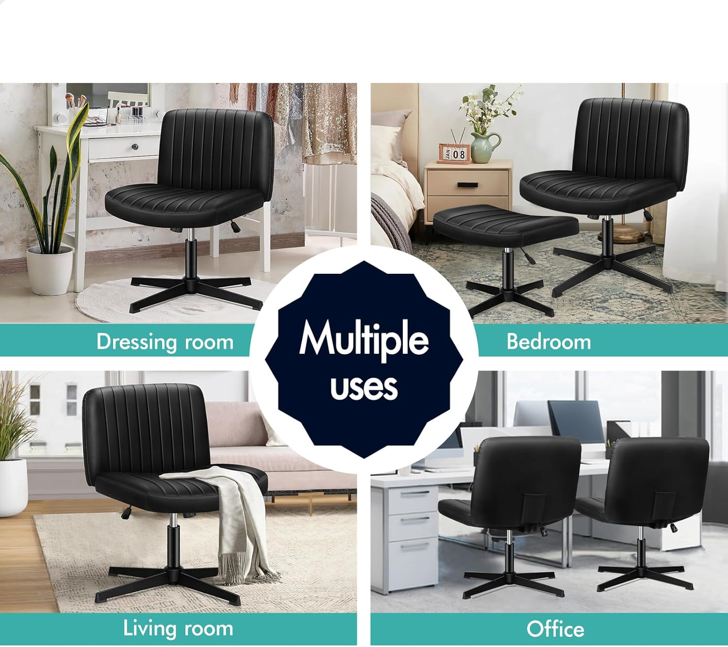 ALFORDSON Armless Criss-Cross Desk Chair with Ottoman Stool, Ergonomic Cross Leg Office Chair with Channel-Tufted Mid-Back Design, Tilt & Height Adjust and Swivel, 180Kg Max, Xavi PU Leather Black - Boucle White image number 3