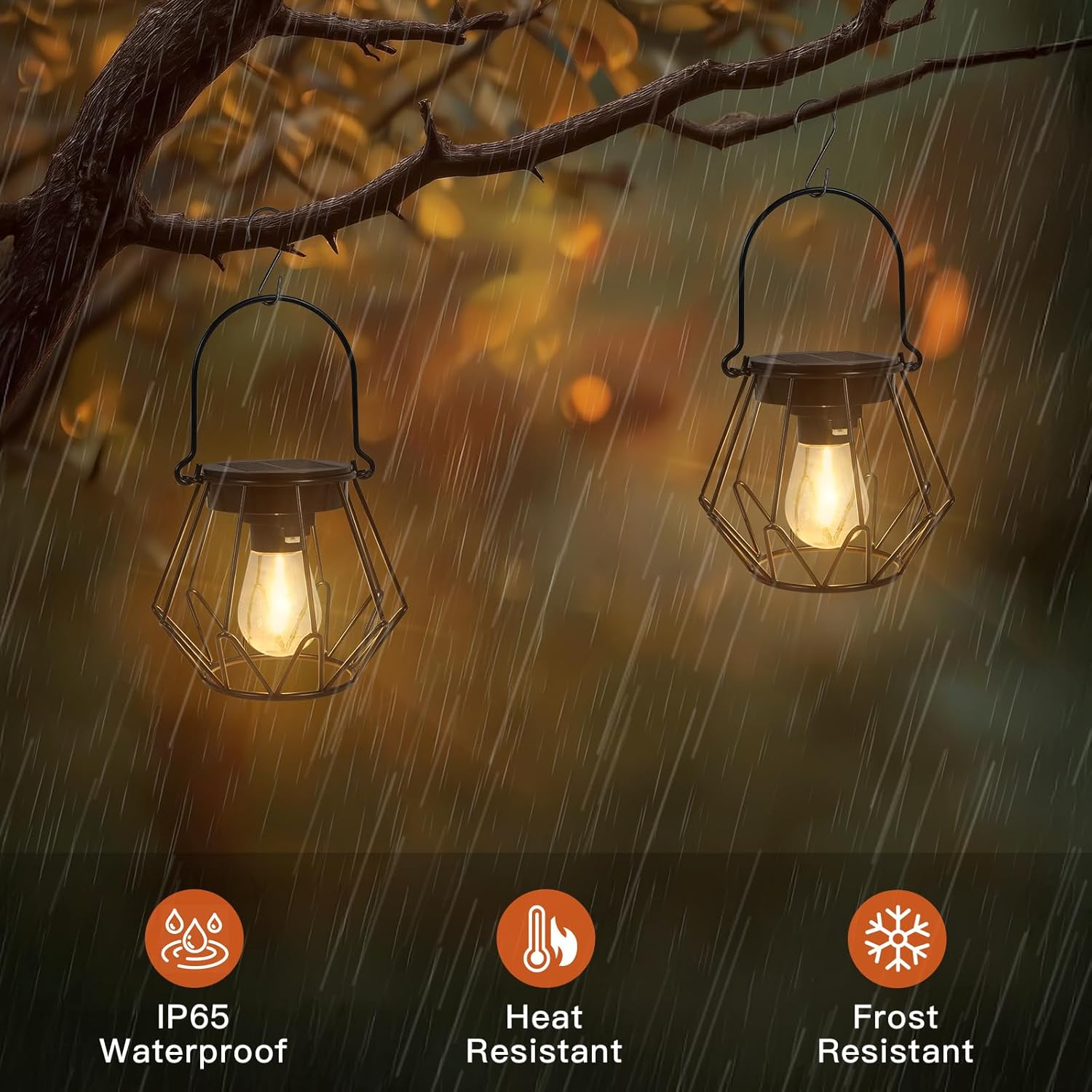 Ketom Pack of 2 Solar Lights for Outdoor Hanging, IP65 Waterproof Metal Solar Lantern for Outdoors, Retro LED Solar Lanterns for Outdoor Use for Garden, Patio, Path, Camping, Lawn, Black, V-Shaped image number 6