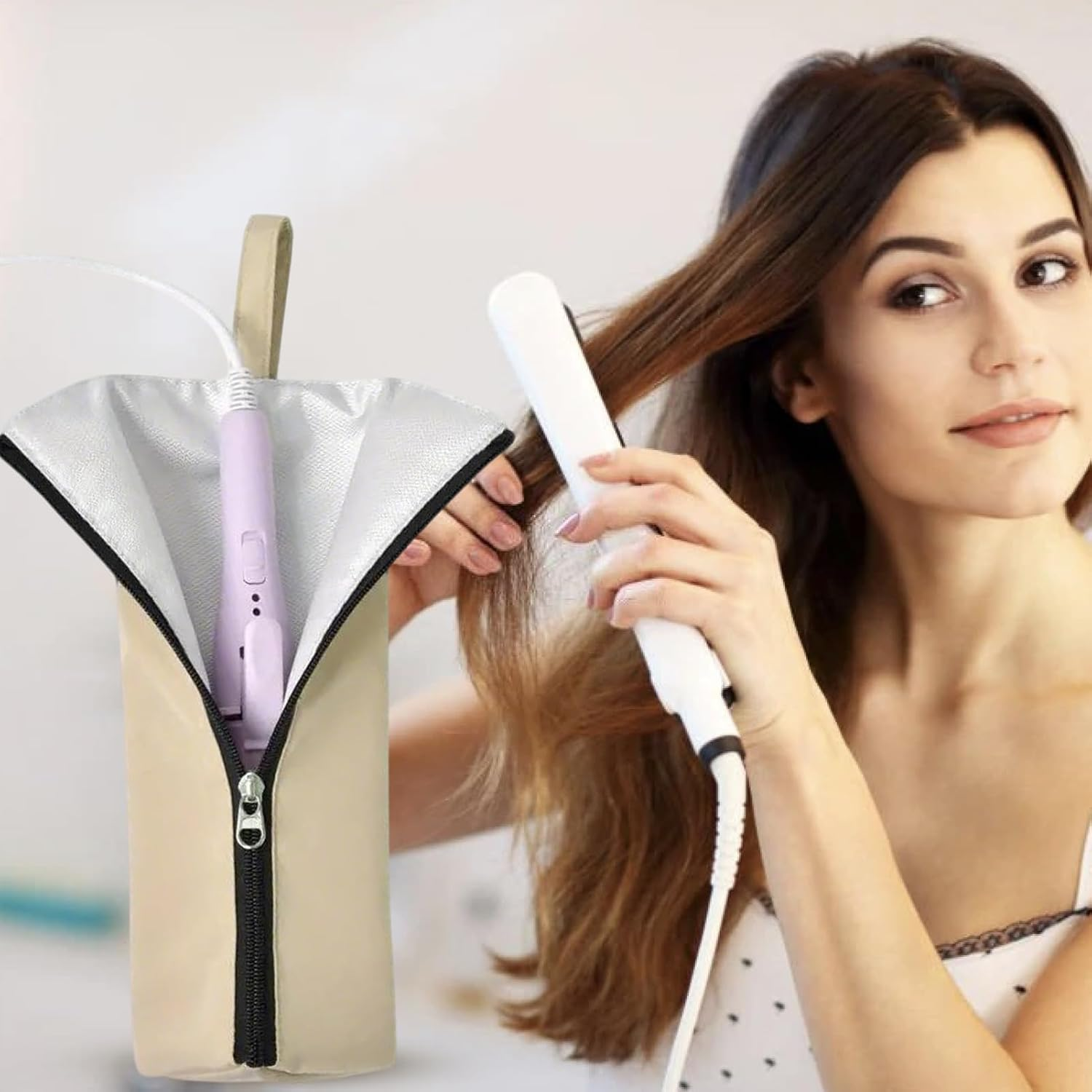 Weqizuerqi Curling Iron Travel Case - Heat Resistant Mat Pouch,Dustproof Curling Iron Storage Bag for Makeup Station RV Bathroom Vanity Table Home Travel Hairstylist - Pink image number 4