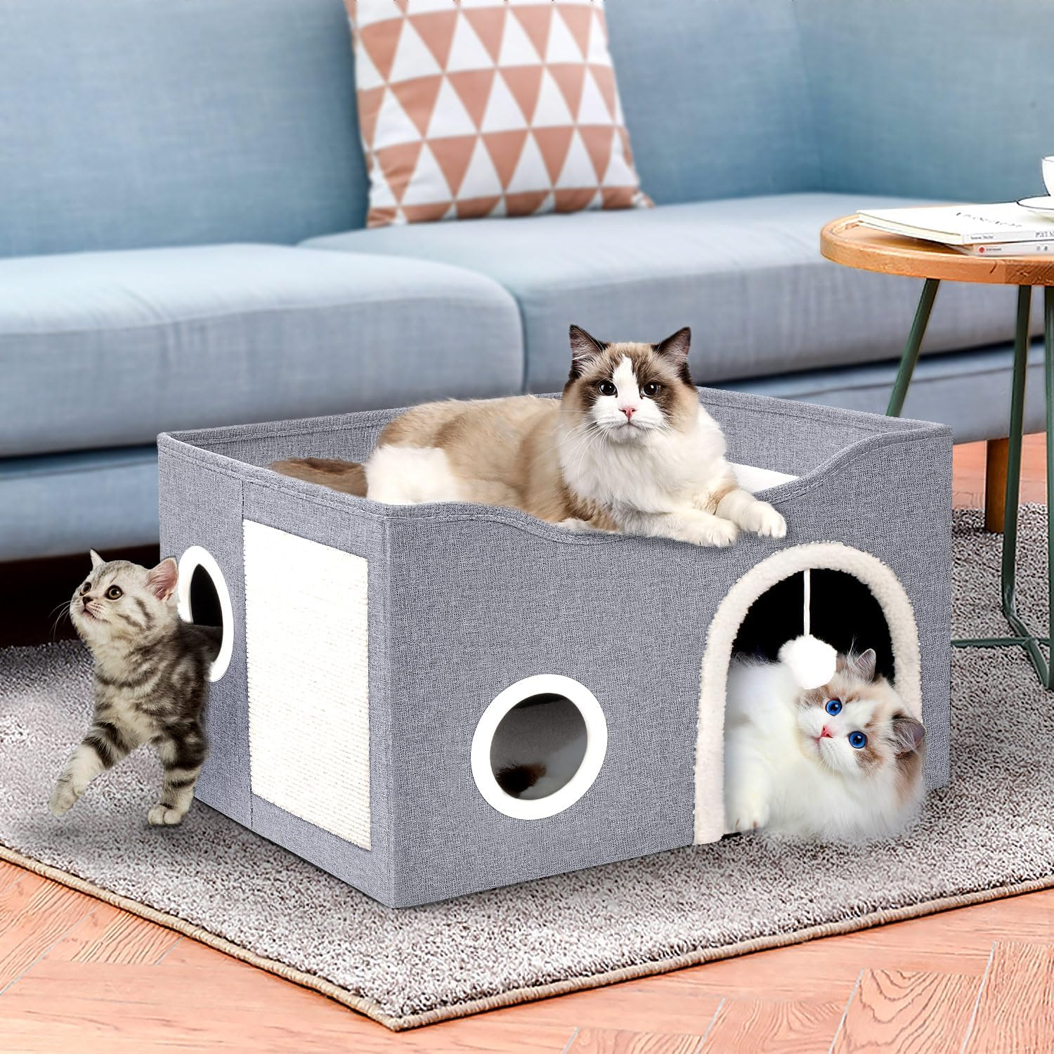 Heeyoo Cat House for Indoor Pets - Large Bed Cave with Fluffy Ball and Scratch Pad, Foldable Condos, Cubes, Hideaway, Covered Bed image number 6