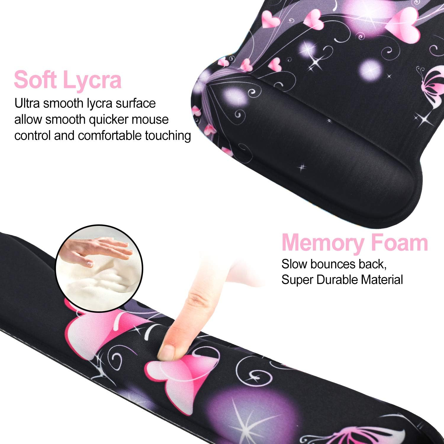 Keyboard Wrist Rest Pad Ergonomic Mouse Pad Set, Tolulu Cute Mouse Pad for Computer Laptop, Non Slip Mousepad Keyboard Wrist Support with Raised Memory Foam for Easy Typing & Pain Relief, Pink Hearts