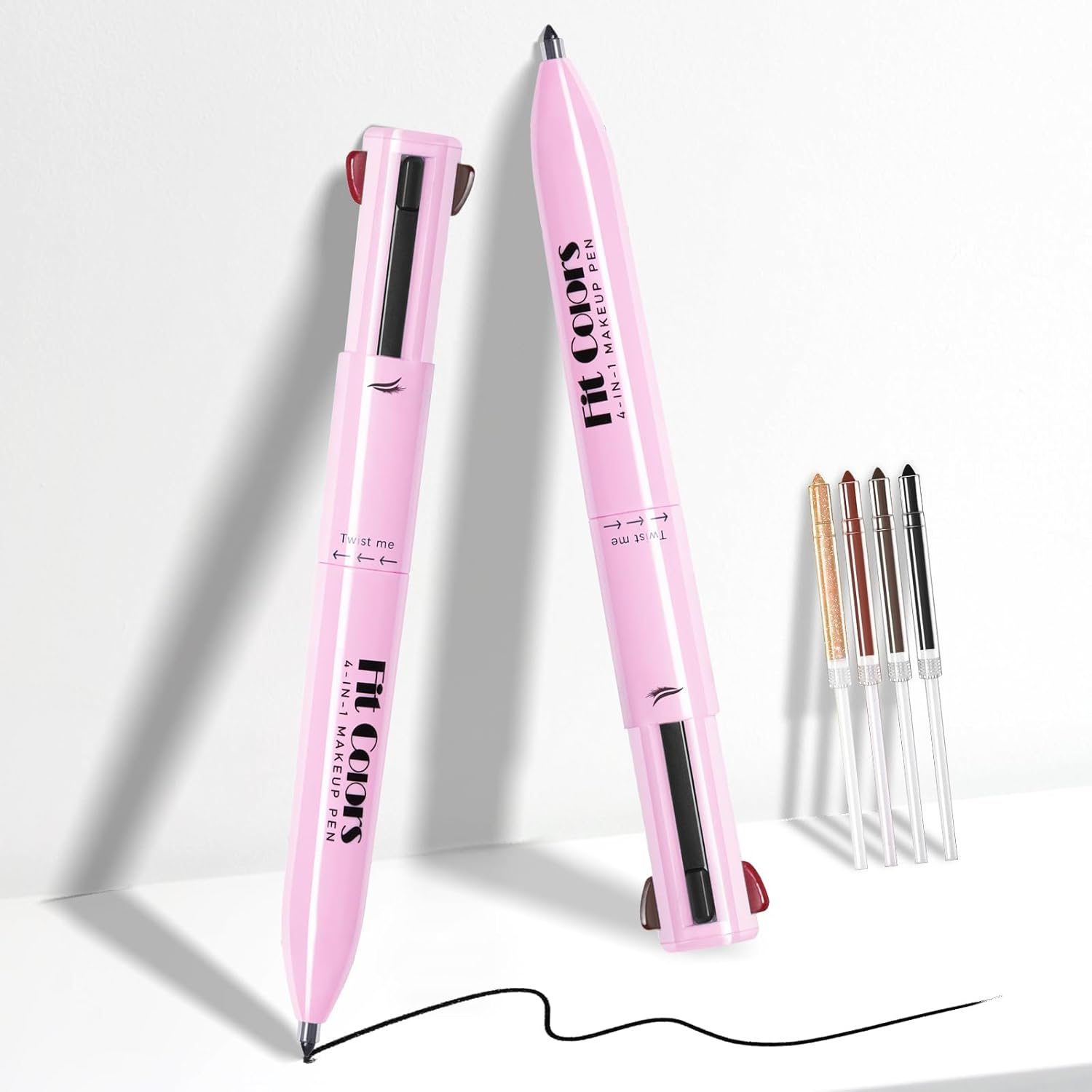 Noerrors 4-In-1 Makeup Pen, 4 Colours Eyeliner Eyebrow Lip Liner Highlighter Beauty Pen for Face Eyes Lips Multifunctional Portable Makeup with Replacement Refills