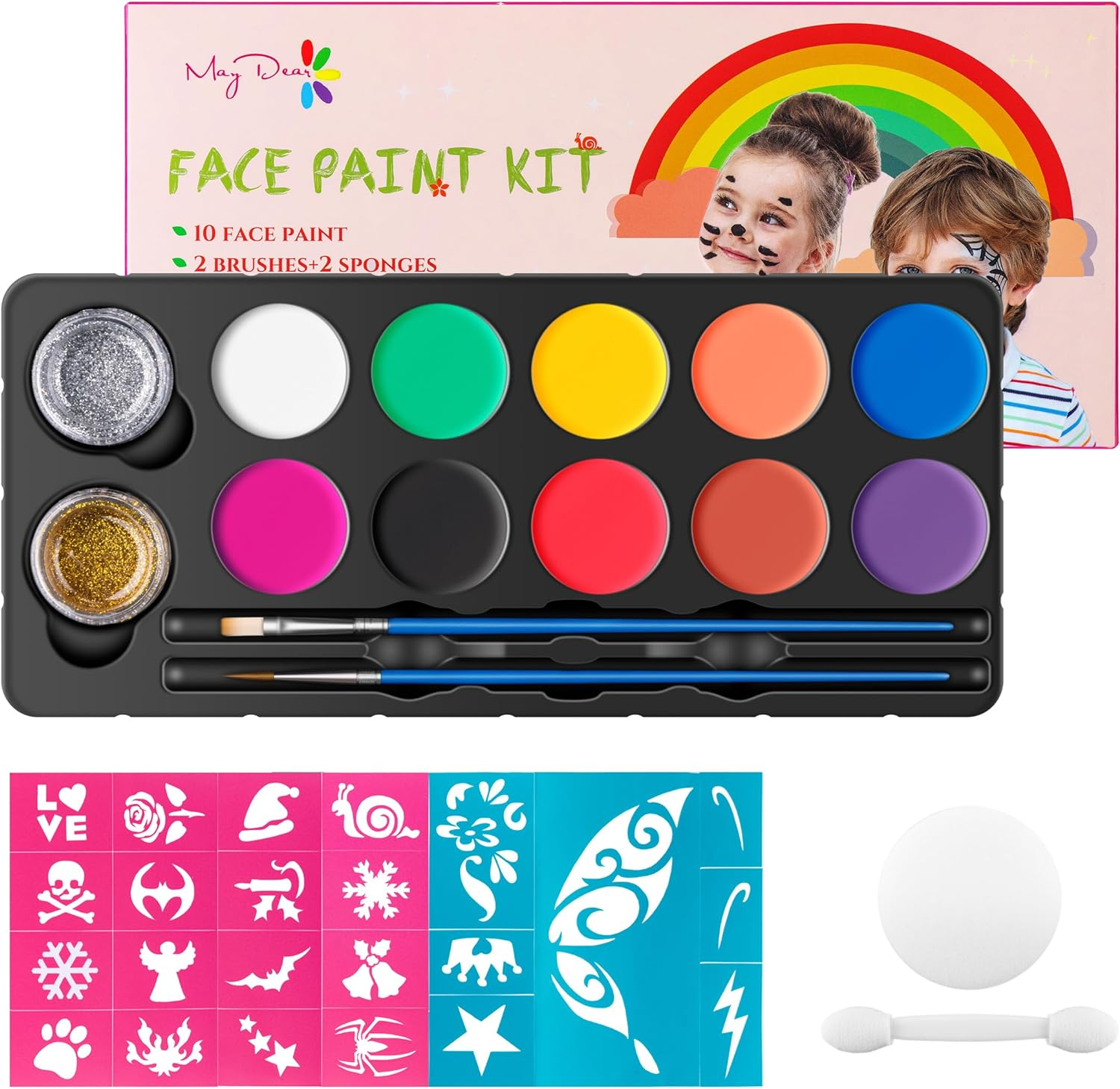 Maydear Face Paint Kit for Kids with Safe and None Toxic FDA Compliant Water Based 10Color Palette
