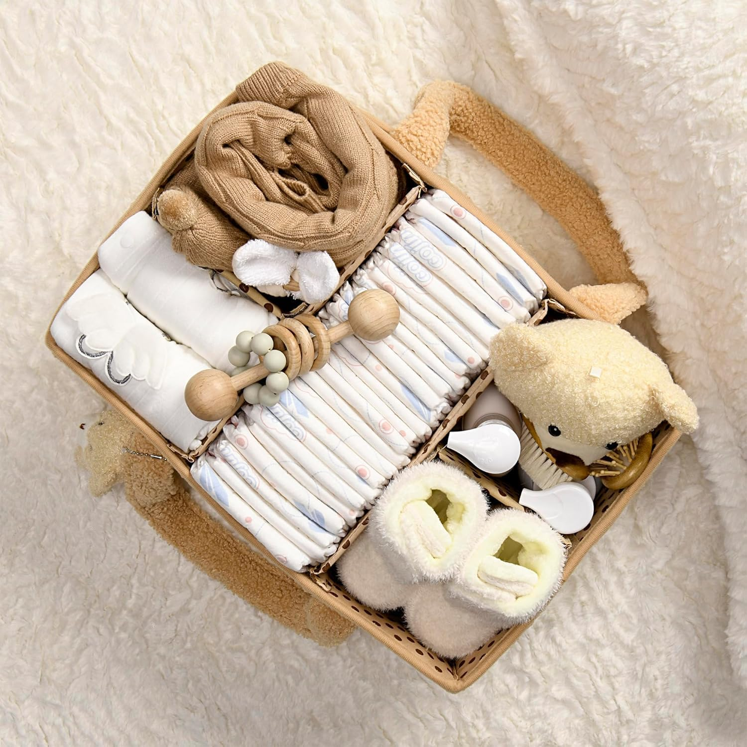 Baby Nappy Caddy Diaper Caddy Organizer, Baby Storage Basket for Diapers and Wipes (Beige Yellow, with Bear) image number 4