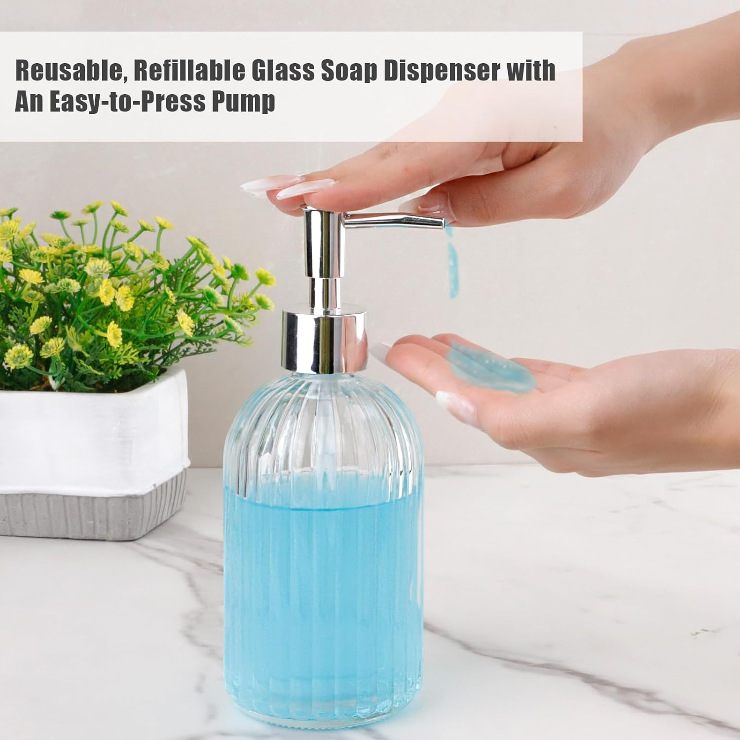 RETON 3 Pack Soap Dispenser Set, 14 Oz Clear Glass Soap Dispenser with Rust Proof Plastic Pump, Refillable Liquid Hand Soap Dispenser, Bathroom Soap Dispenser for Kitchen Countertop (3 Colors) image number 4