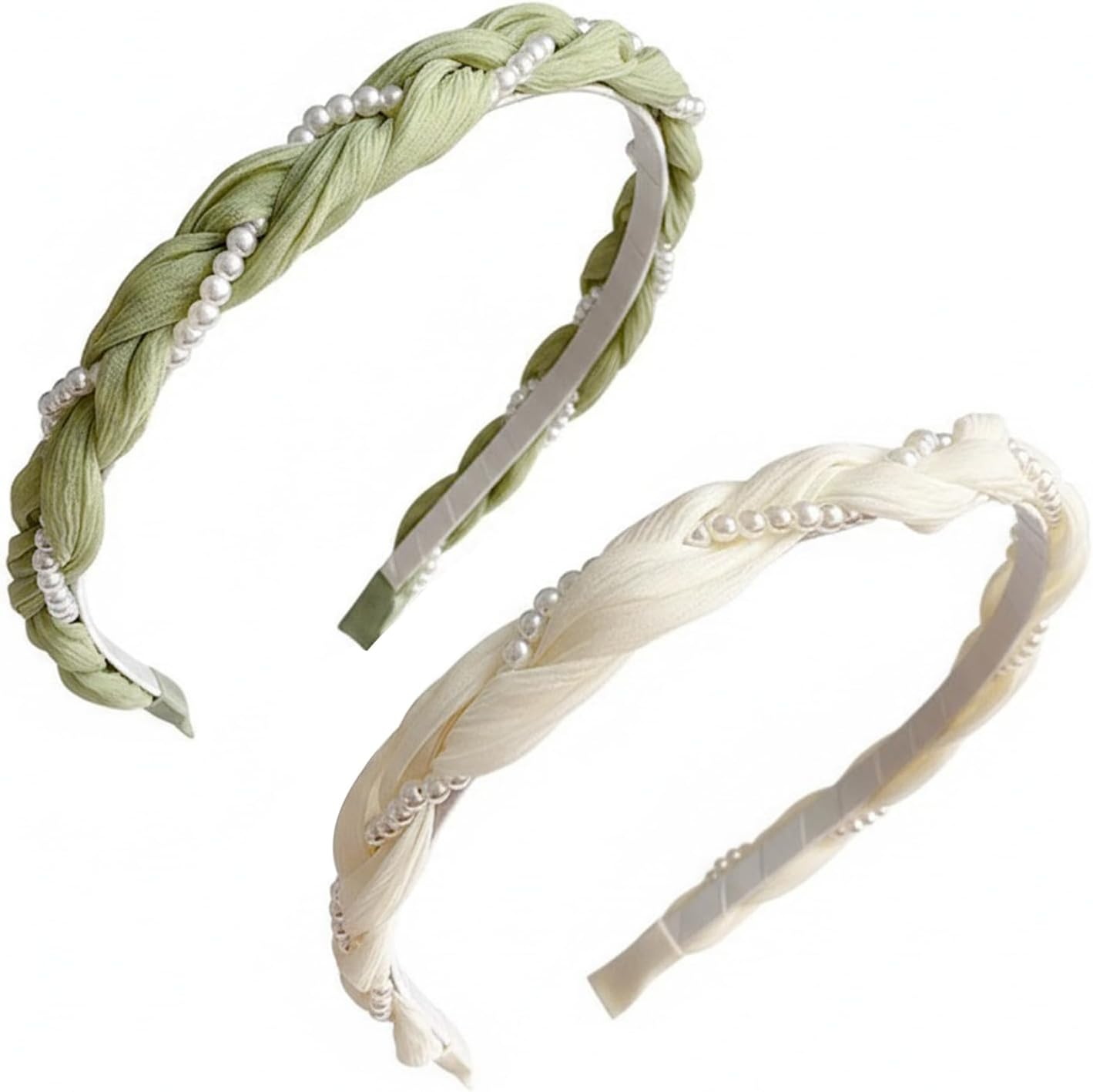 Pack of 2 Women'S Headbands, Braided Pearl Headbands, Headbands, Hair Band for Girls, Women, Headband Dirndl, Costume Headband for Everyday Wedding Garden Party (Green + White)