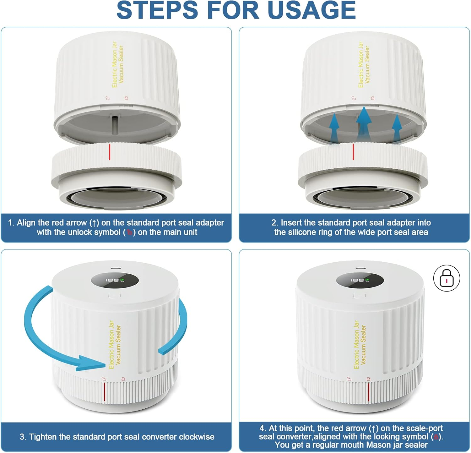 Electric Mason Jar Vacuum Sealer, Cordless Vacuum Sealer Kit for Wide-Mouth & Regular-Mouth Mason Jars, for Food Storage and Fermentation, White - Deep Blue image number 6