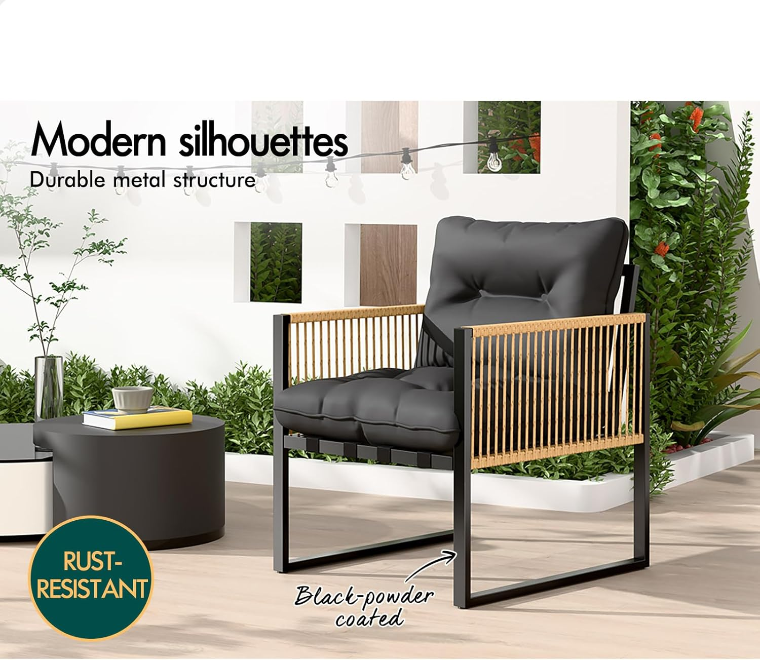 ALFORDSON 3 PCS Outdoor Patio Bistro Set, Lounge Chair & Side Table, Water-Resistant Cushions,Outdoor Table and Chair Set, 2X Armchairs and Semicircle Dia.70Cm, 64Cm(H) Coffee Table, Dark Grey image number 7