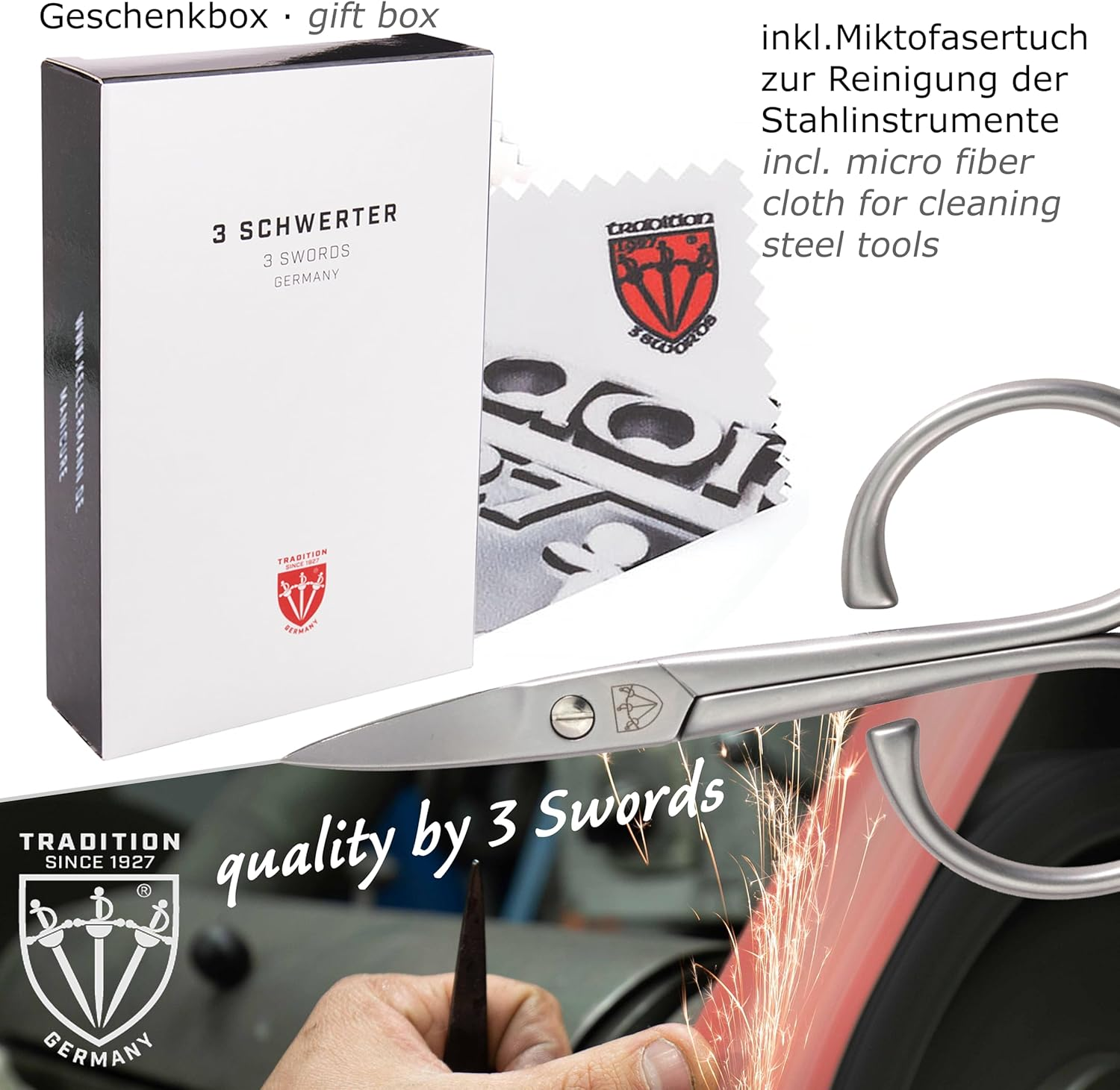 3 Swords Germany - Brand Quality 3 Piece Stainless Steel INOX Manicure Pedicure Grooming Kit Set for Professional Finger & Toe Nail Care Scissors File Tweezers Genuine Leather Case in Gift Box (Hgjfk) Black - Black image number 5