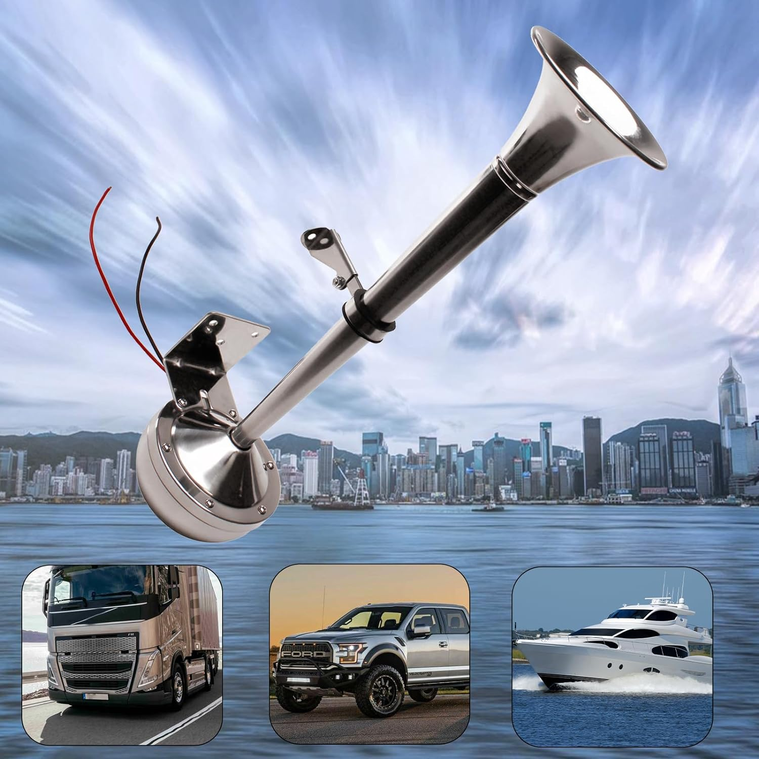 FARBIN 12V Marine Horn, Single Trumpet Stainless Steel Horn, Waterproof Electric Horn for Ships Boats Sailboats Yachts Trucks SUV RV Touring Car Etc. (Single Stainless Steel Short Pipe, 12V) image number 3