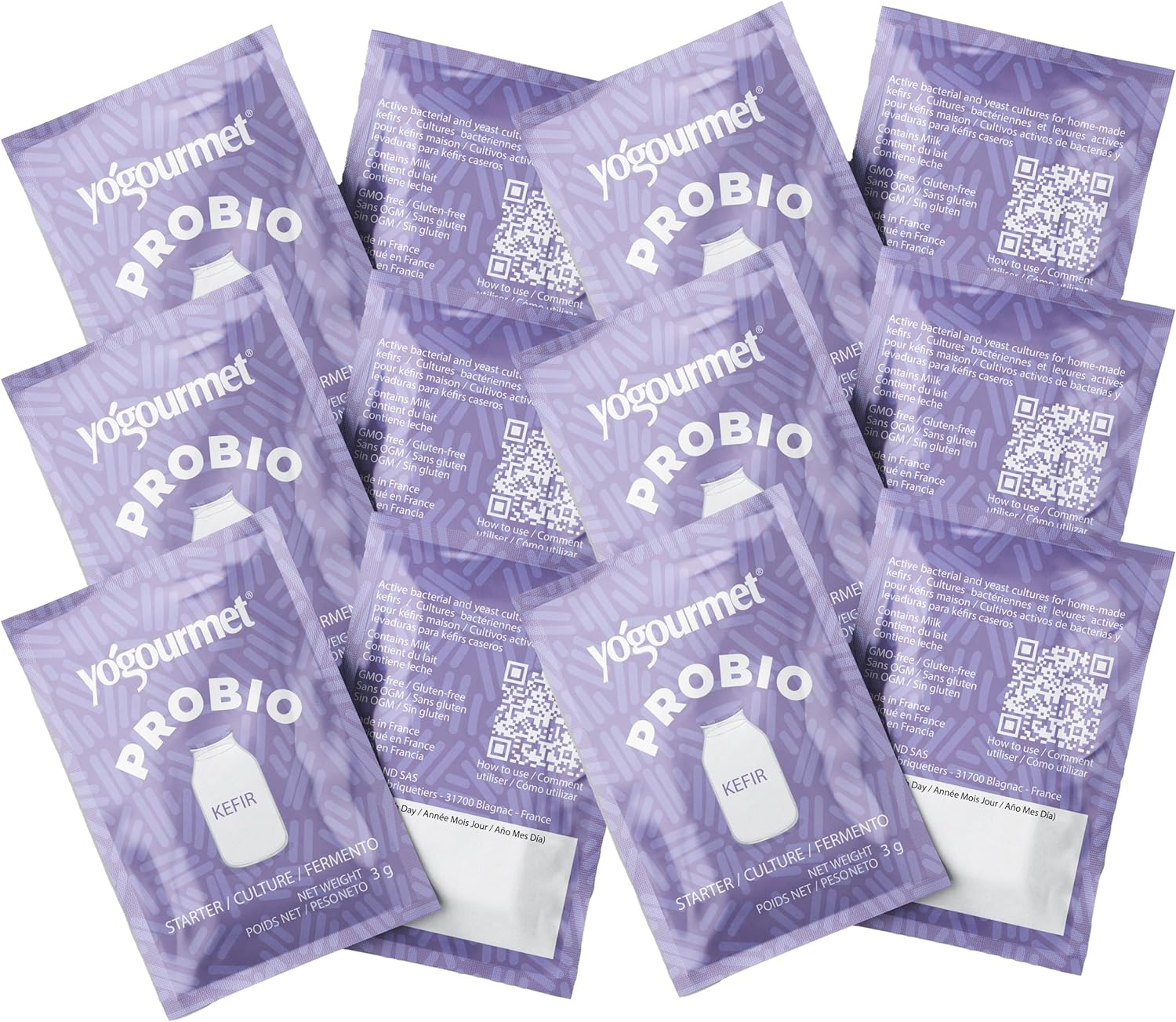 Yogourmet Kefir Starter with Probiotics (12 Sachets = 12 Liters) Starter Culture - All Natural, Gluten Free, Kosher, Halal - 3 G Sachets