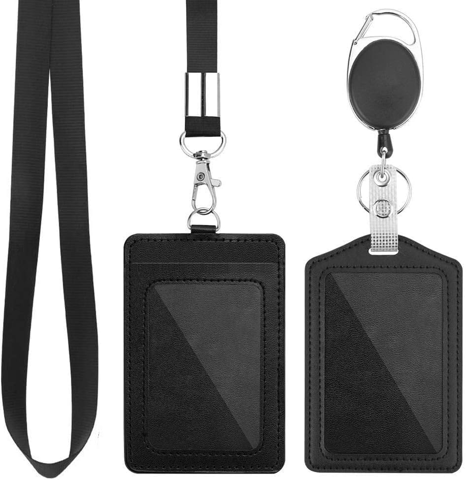 LH-2 Pack Badge Holders, Vertical PU Leather ID Badge Card Holder with 1 Clear ID Window, with Detachable Neck Lanyard Strap and Retractable Badge Reel ID Card Holders Set image number 1