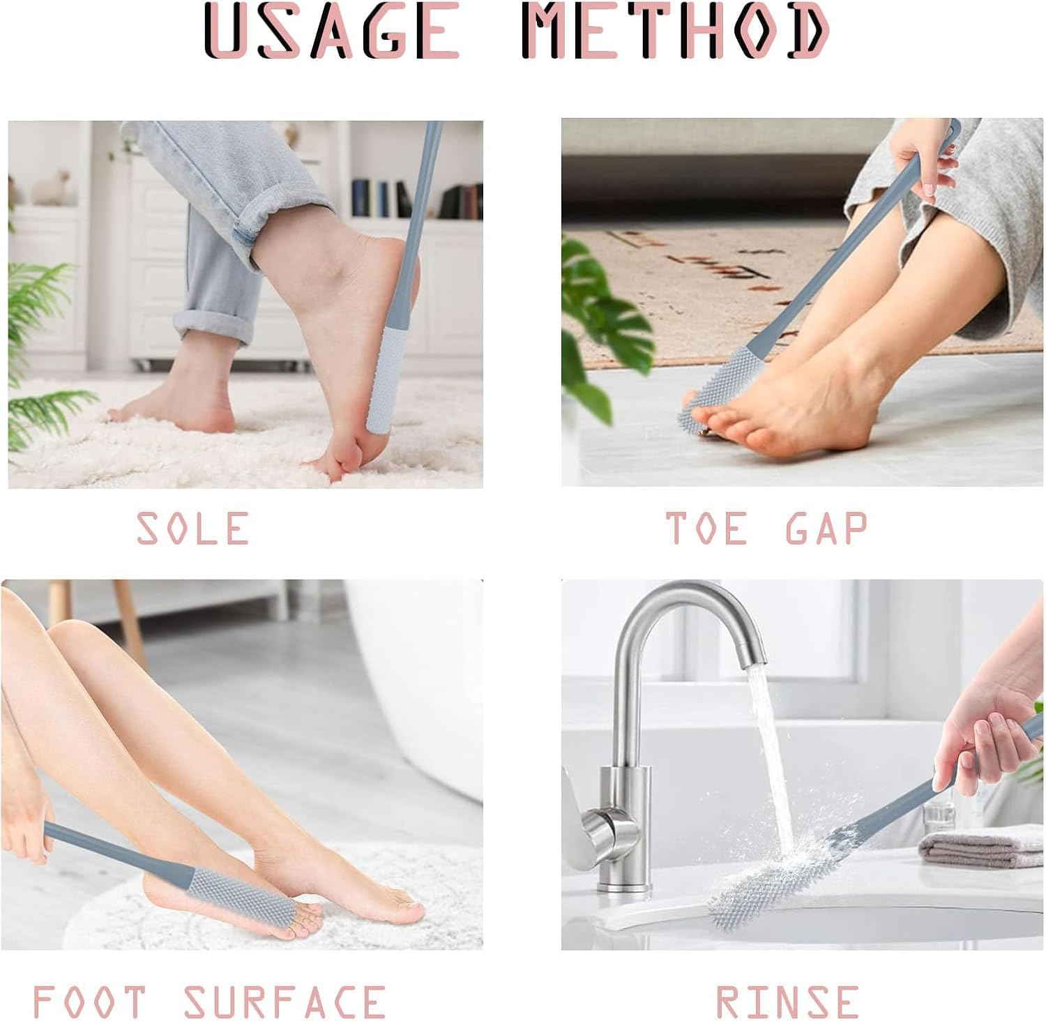 2 Pack Toe Cleaning Brush,Silicone Foot Scrubber for Shower with Long Handle Soft Cleaning Bath Brush Feet Cleaner Scrub Foot Care for Seniors,Elderly, Men and Women (Grey, One Size) image number 4