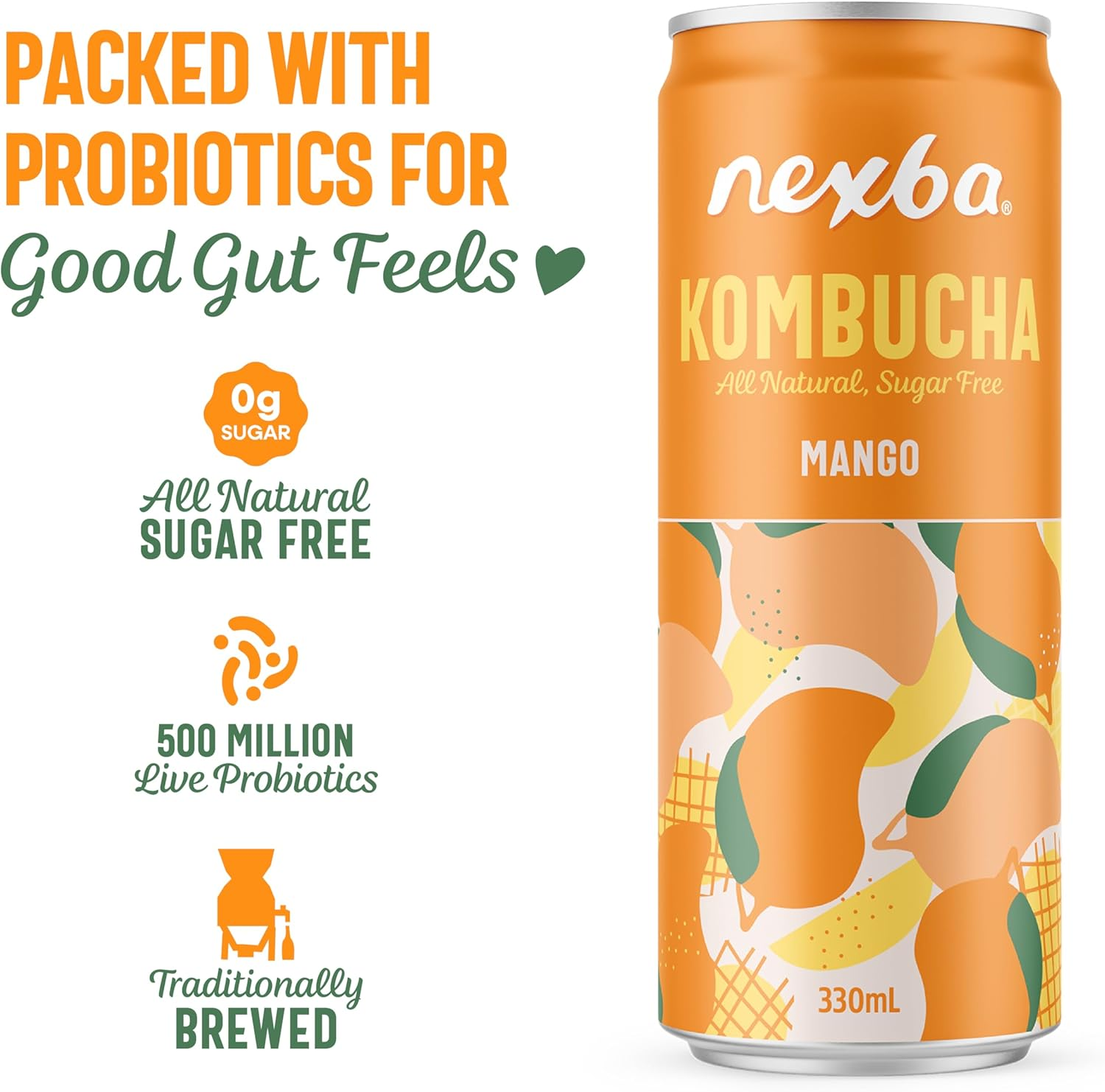 Nexba Kombucha &ndash; Mango &ndash; All Natural Sugar Free &ndash; 24 X 330Ml Cans image number 1