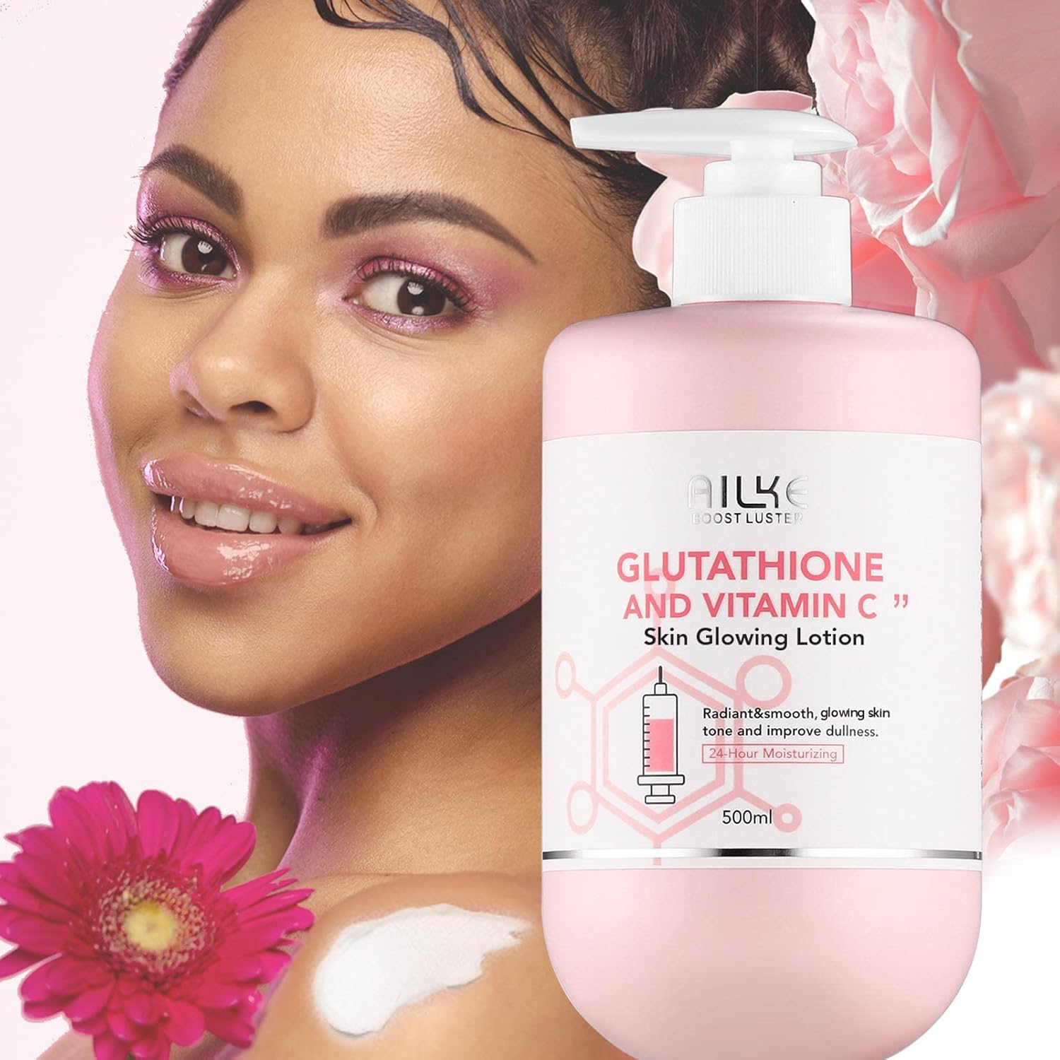 AILKE Lightening Body Lotion, with Glutathione, Vitamin C, Quick Absorption, Smooth Skin, Glowing Skin Tone, Hand & Leg Moisturizing Cream, 500ML image number 4