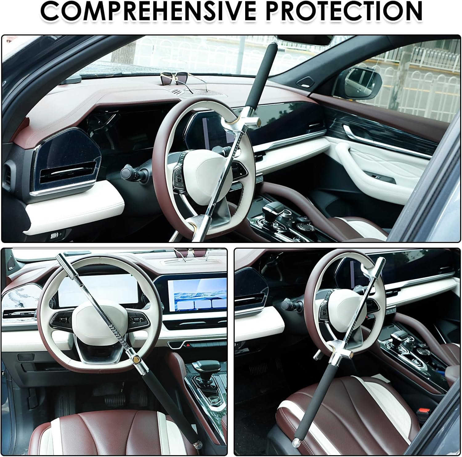 Car Steering Wheel Lock Retractable Wheel Locks Universal Adjustable anti Theft Steering Wheel Lock with 3 Keys and Safety Hammer for Cars Suvs Trucks (Black, 1Pc) image number 4