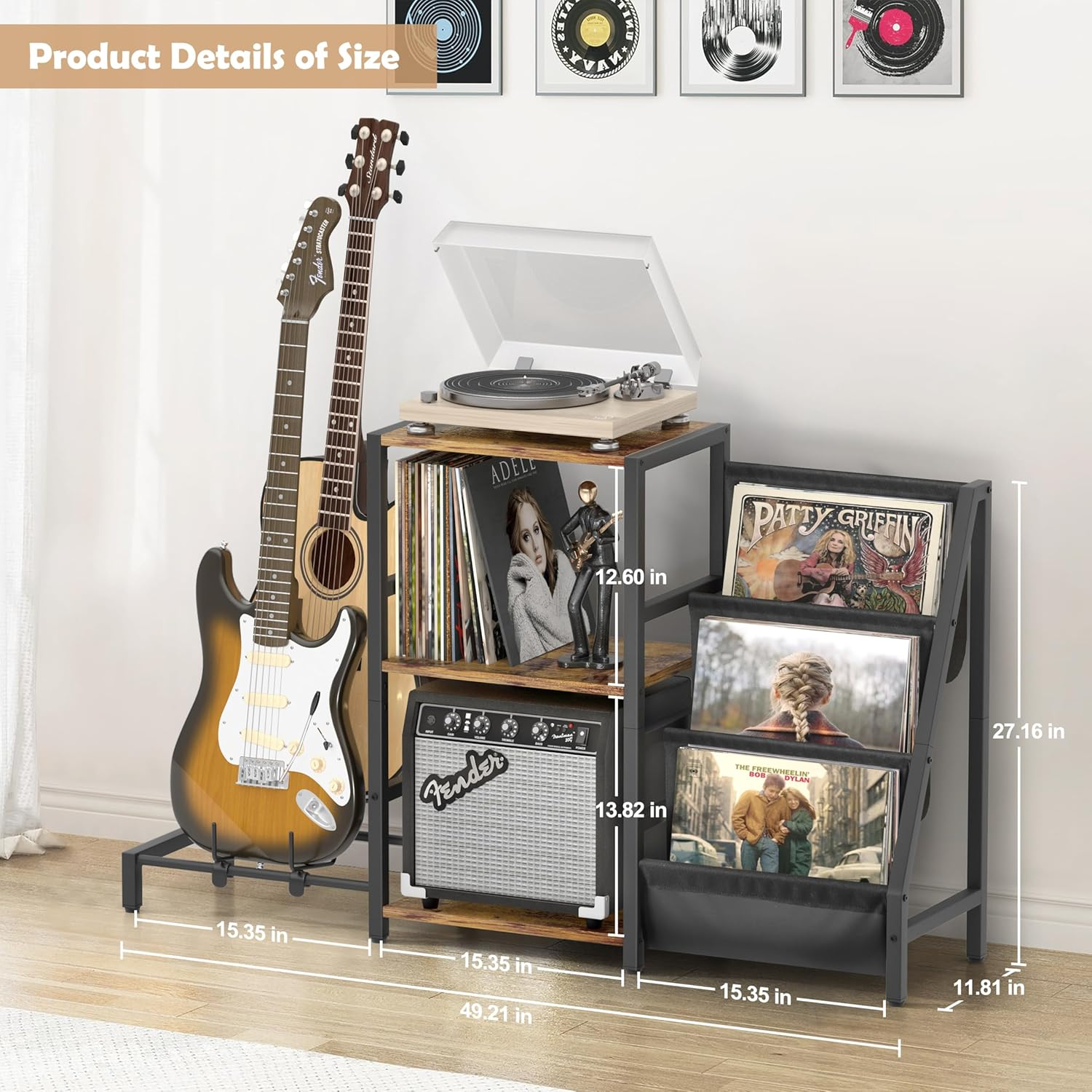 Vinyl Record Storage, Record Player Stand, Guitar Stand for Acoustic, Electric Guitar, Acoustic, Bass with Guitar Amp Stand, 3-Tier Vinyl Record Storage, Record Player Table for Record Player, Speaker, Amplifier - Brown  Black image number 6