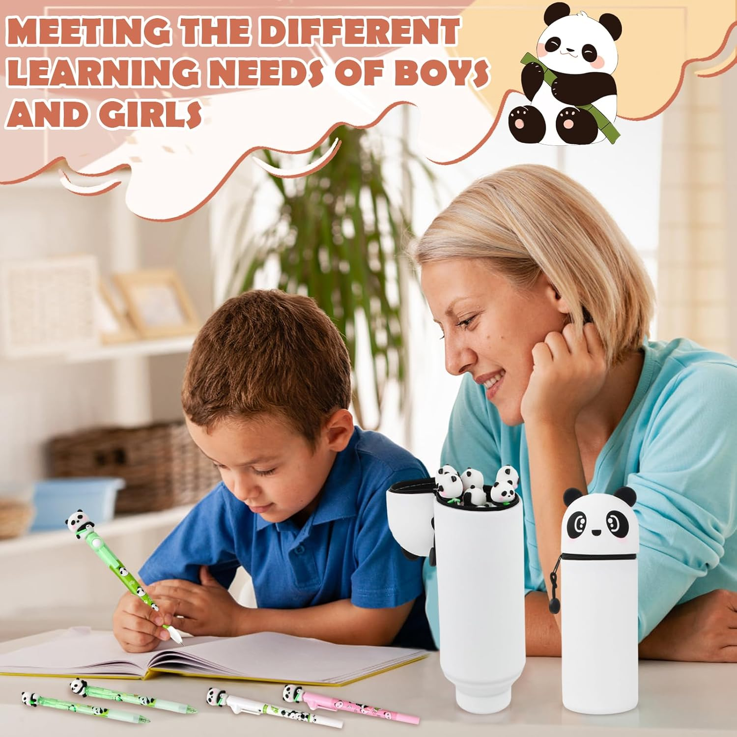 Panda Stationery Set with Pencil Case, 3 Gel Pens with Black Ink, 2 Ballpoint Pens in 10 Colours, 2 Blue Erasable Gel Pens, 2-In-1 Cute Pencil Case, Stand up Pencil Case image number 2