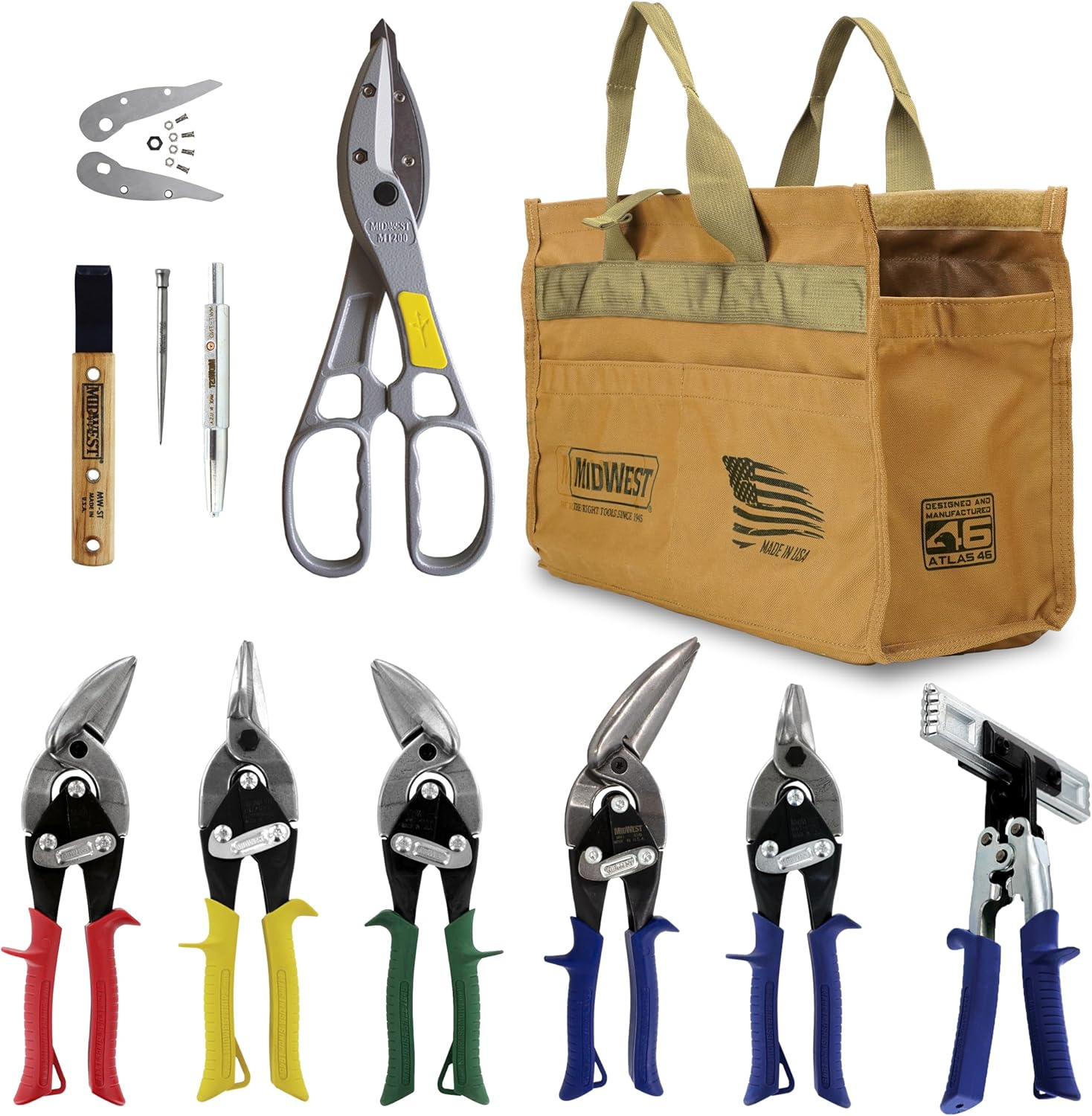 MIDWEST BUILDING Tool Kit - 8 Piece Set Includes Aviation Snips with Siding Tools & Bag - MWT-BULDKIT02