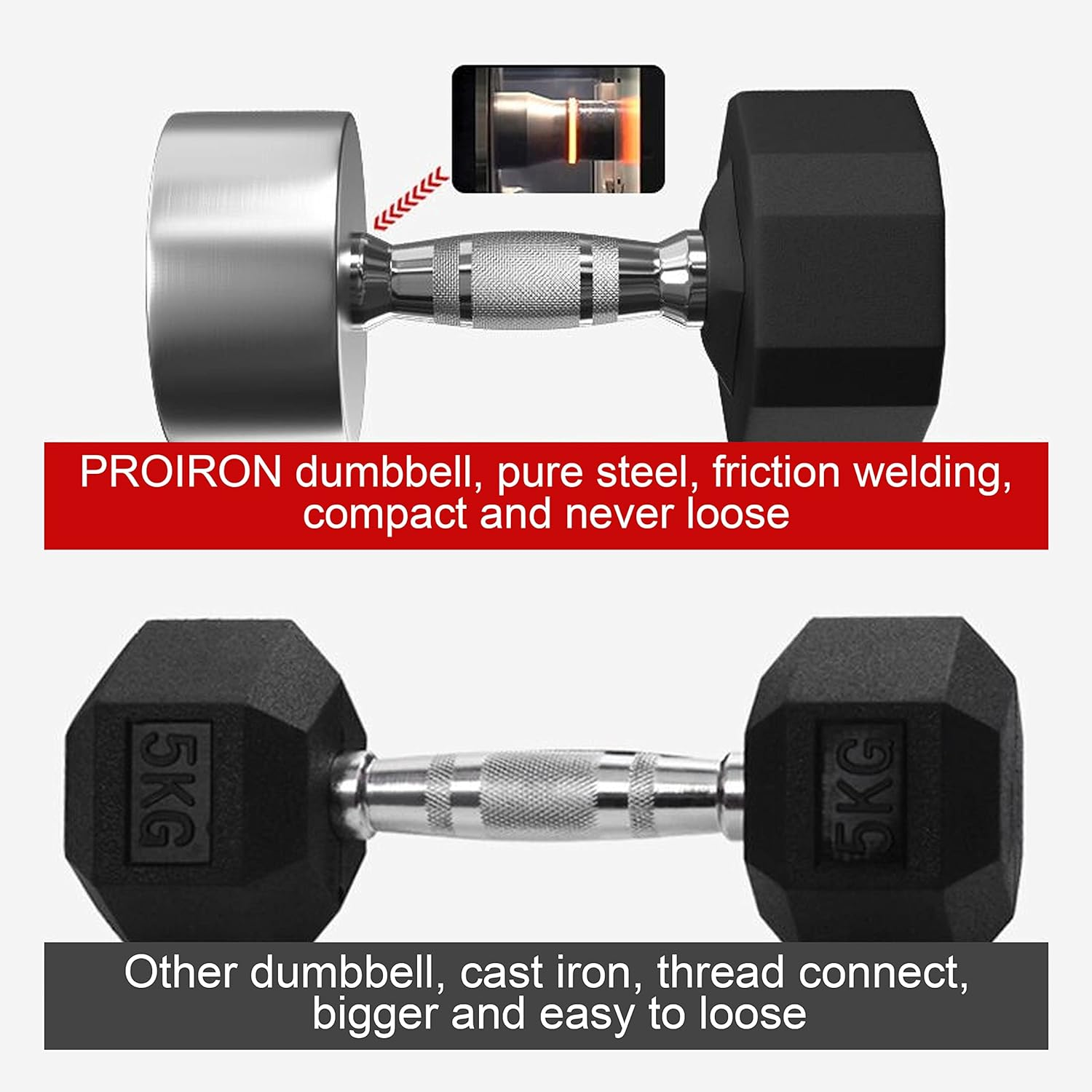 PROIRON Rubber Dumbbells Pure Steel Dumbbell, Friction Welding(Compact and Never Loose) Weights Set Men Women Home Gym 3Kg 5Kg 8Kg 10Kg 12Kg 16Kg 20Kg 24Kg Fitness Training Exercise Body Strength Lifting Equipment (Pair or Single) - 3 Rubber Dumbbell-2&times;8Kg image number 7