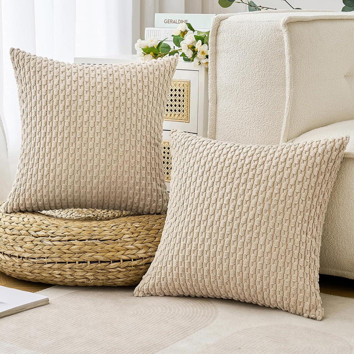 2Pcs Cushion Covers 55Cm X 55Cm, Corduroy Decorative Throw Pillow Covers Soft Boho Striped Pillow Case Modern Farmhouse Home Decor for Sofa Living Room Couch Bed (Khaki, 55Cm X 55Cm)