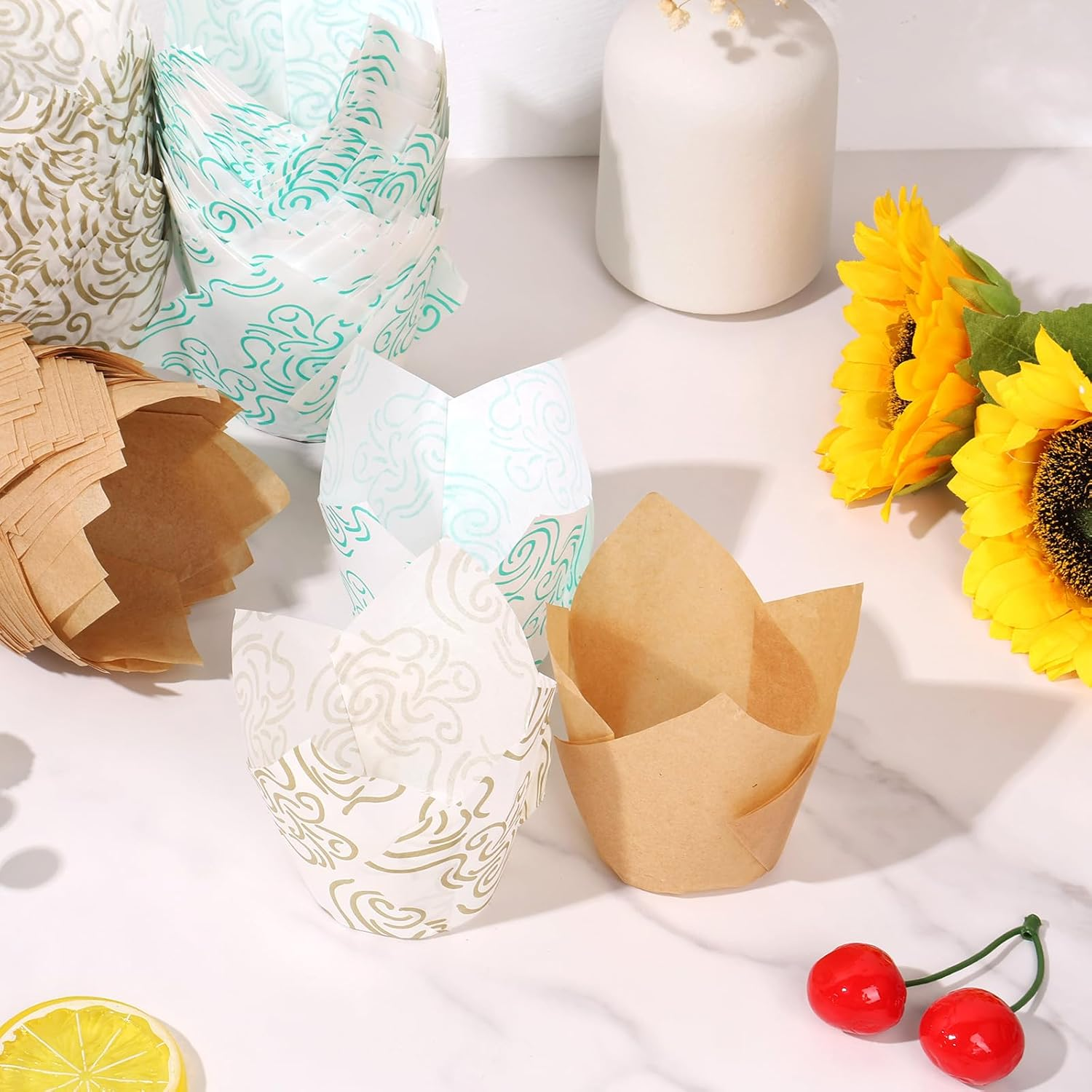 Paper Muffin Liners 300PCS Cupcake Liner Paper Tulip Cupcake Liners Paper Baking Cups Greaseproof Muffin Liners Holders Unbleached Cupcake Liner Bake Choice Nordic Paper for Party Wedding Birthday