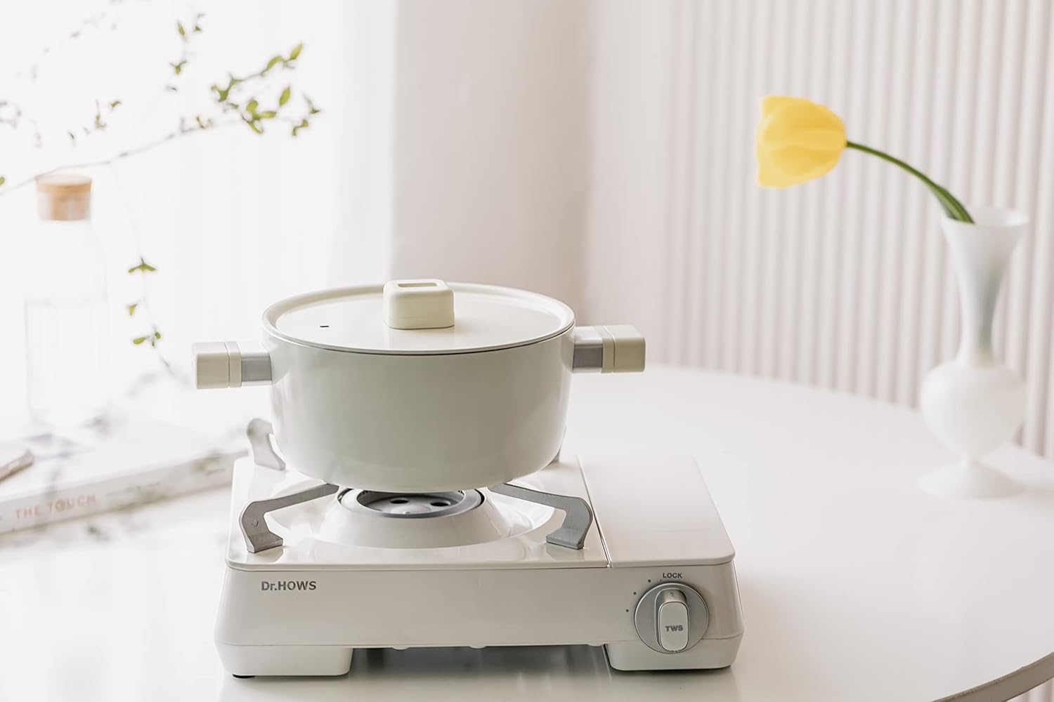 Dr. House Rumi Pot, 7.1 Inches (18 Cm), Ivory with Lid, Both Handed Pot, Induction Compatible, All Heat Sources, Ceramic, Made in Korea