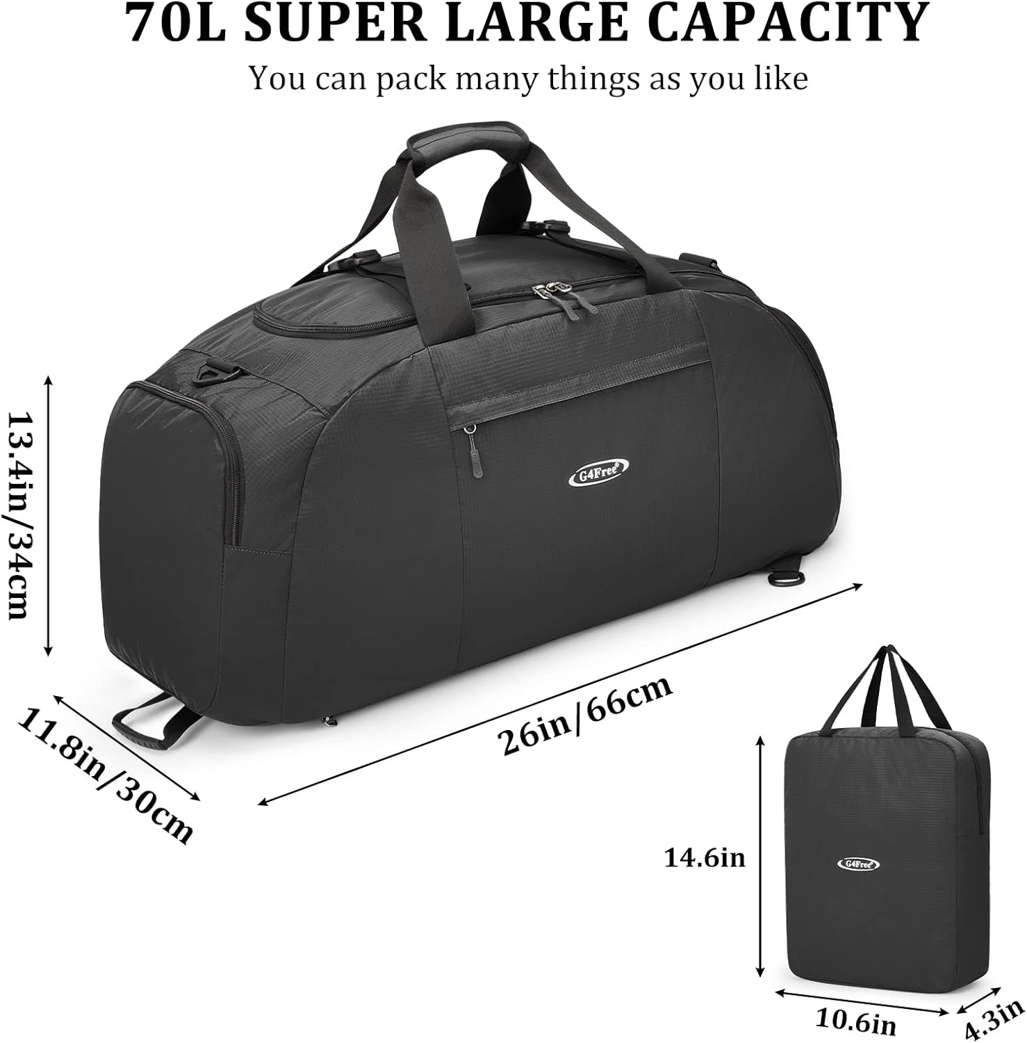 G4Free 70L Large 3-Way Duffle Backpack Gym Sports Duffel Bag Shoe Compartment, Black, 70 L, Compact - Green image number 5