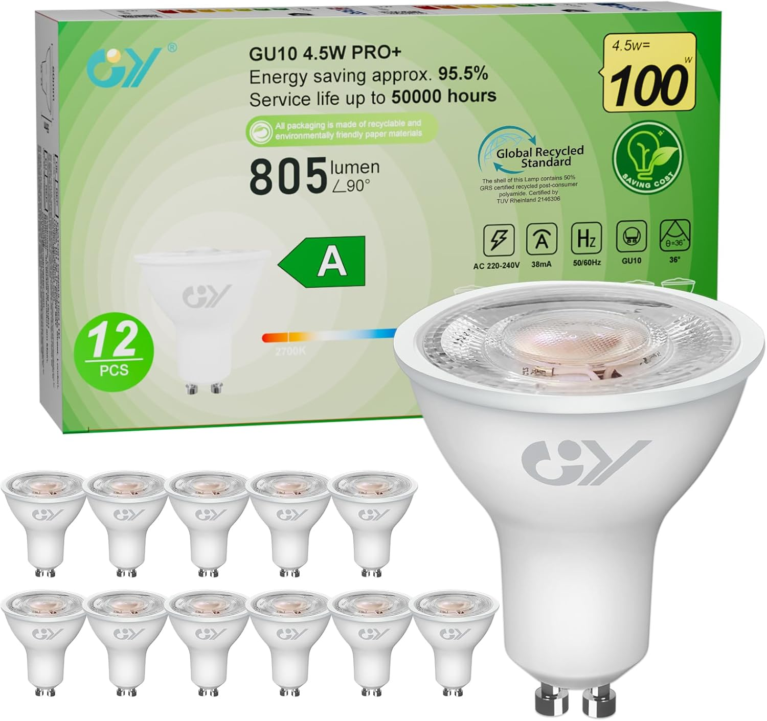 GY GU10 LED Bulb Warm White 4.5W 2700K Warm White 36&deg; Beam Angle Non-Dimmable Energy Saving Bulbs, Pack of 12 image number 1